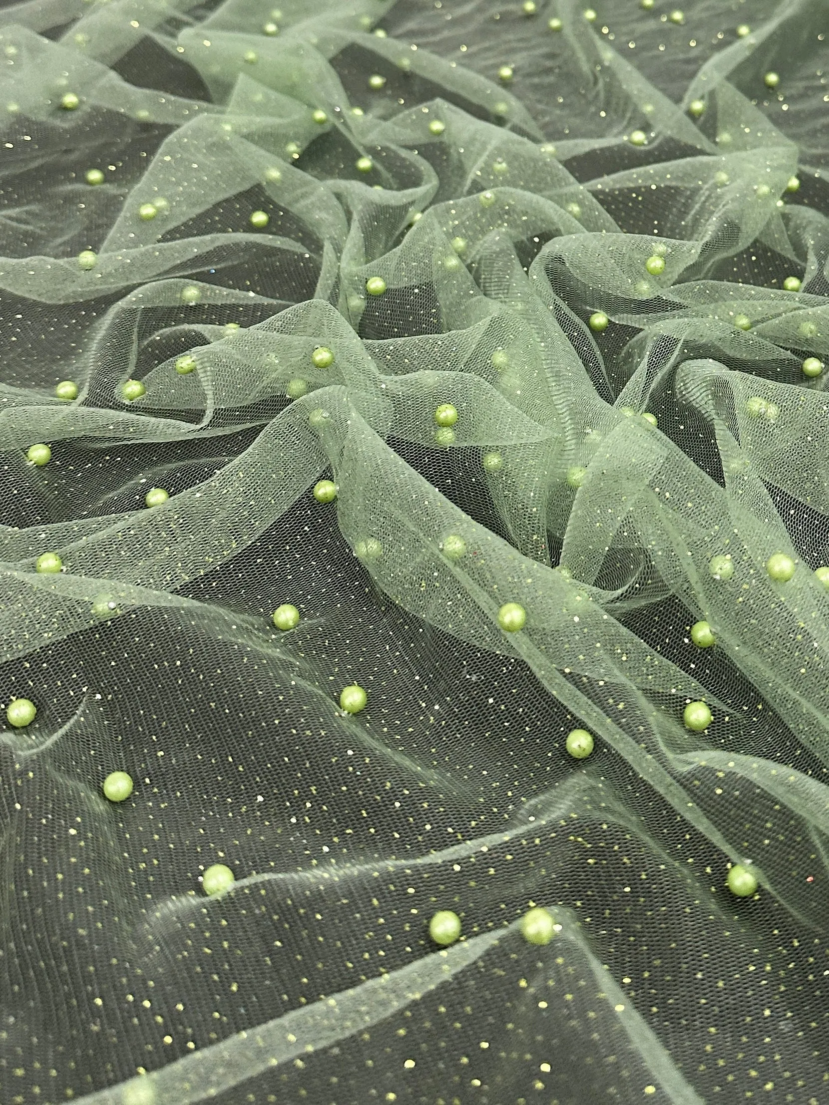 Apple Green Pearl Beaded Glittery Mesh/Tulle