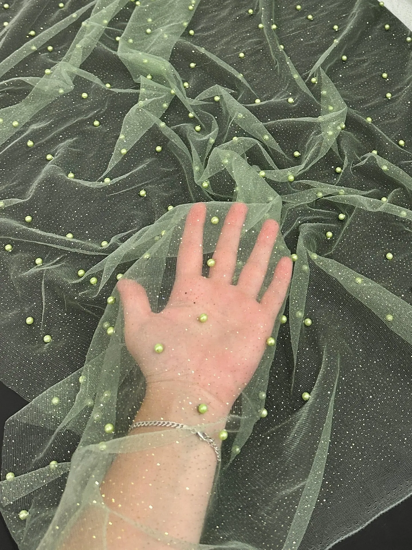 Apple Green Pearl Beaded Glittery Mesh/Tulle