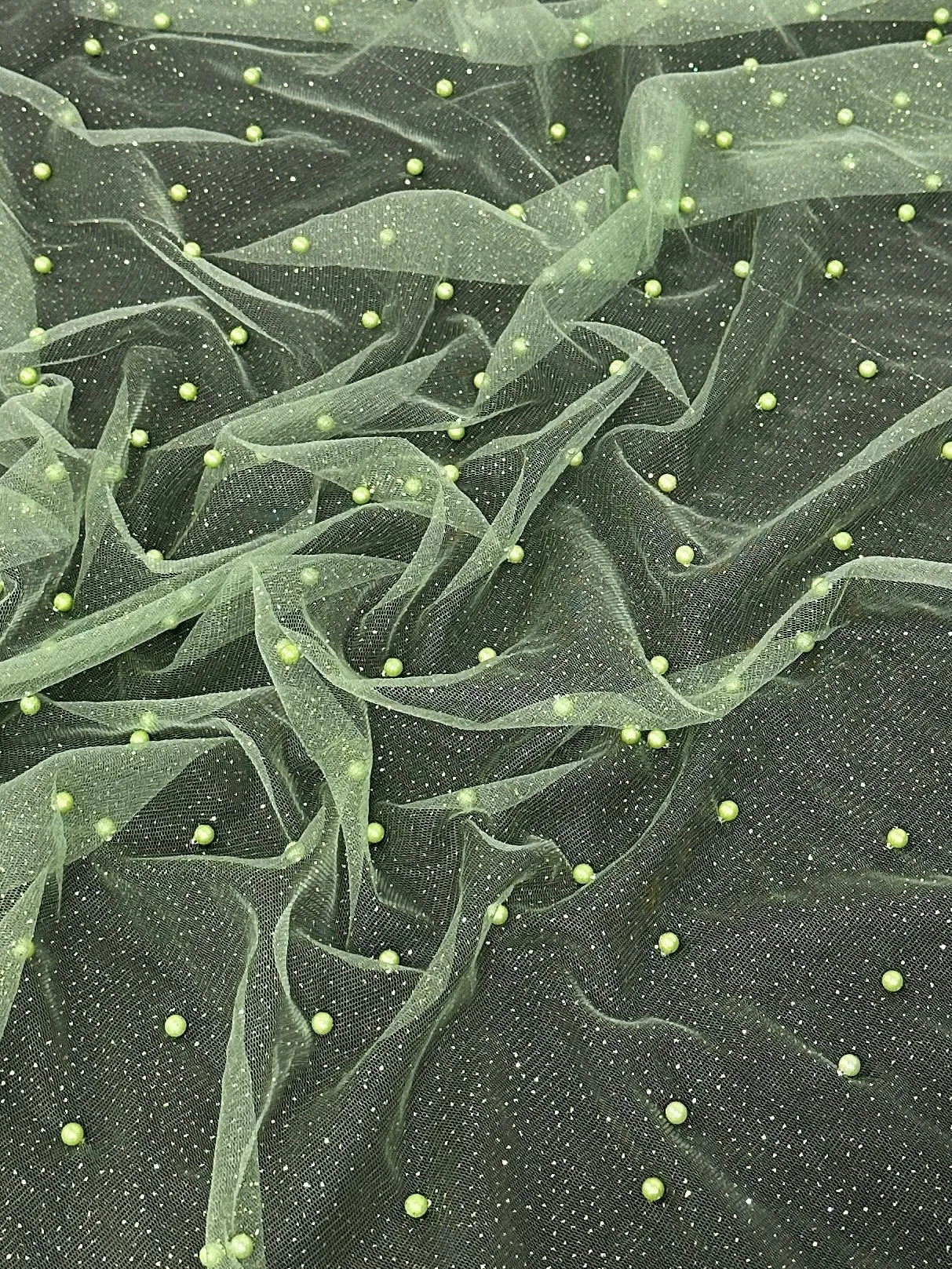 Apple Green Pearl Beaded Glittery Mesh/Tulle