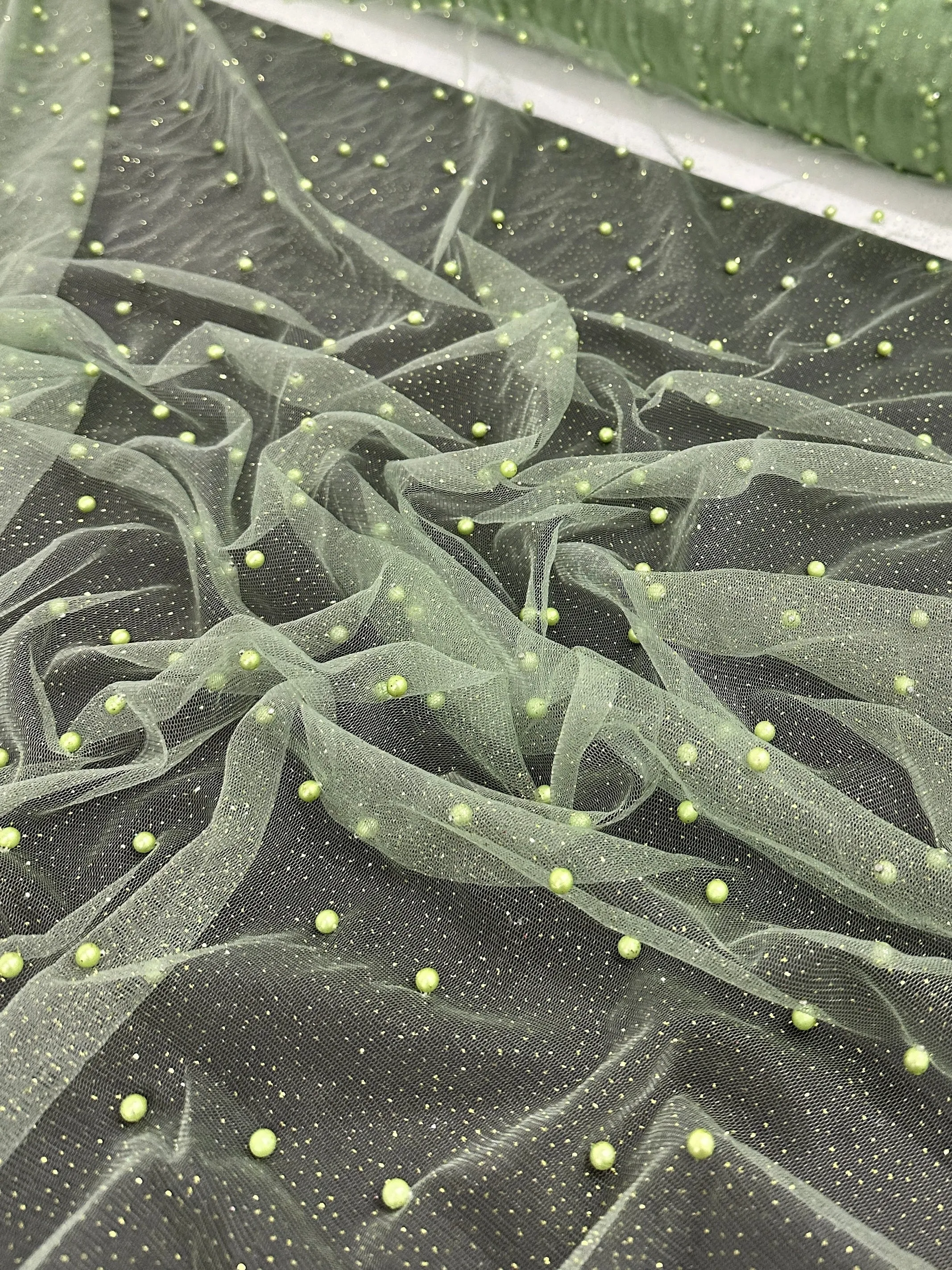 Apple Green Pearl Beaded Glittery Mesh/Tulle