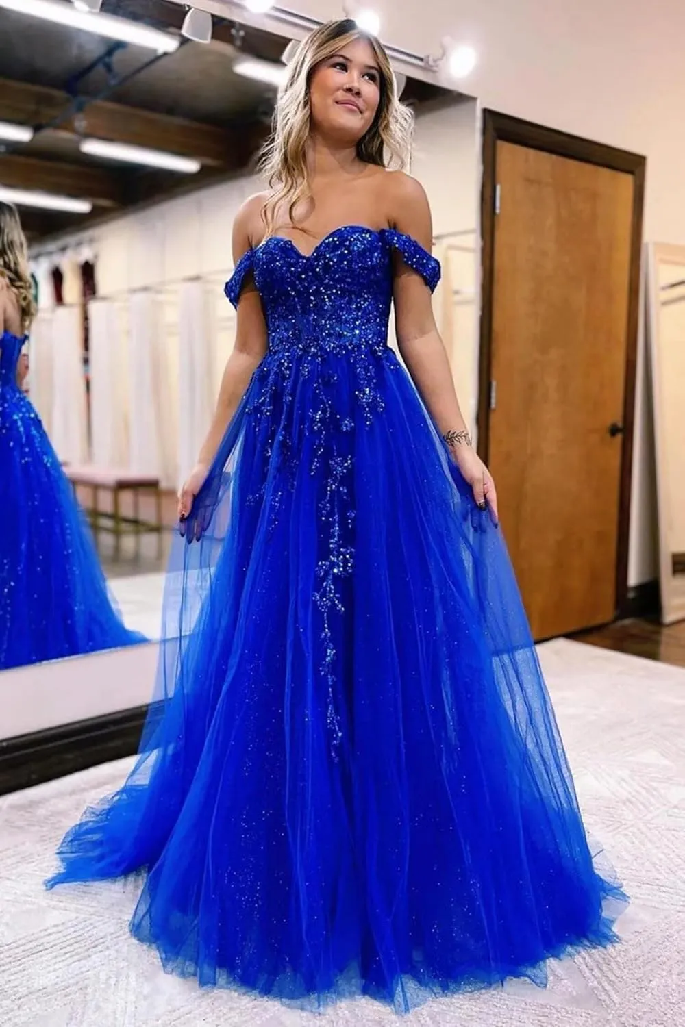 Applique Glitter Tulle Prom Dress Strapless Ball Gowns Off Shoulder Prom Dresses for Women Evening Gown with High Split