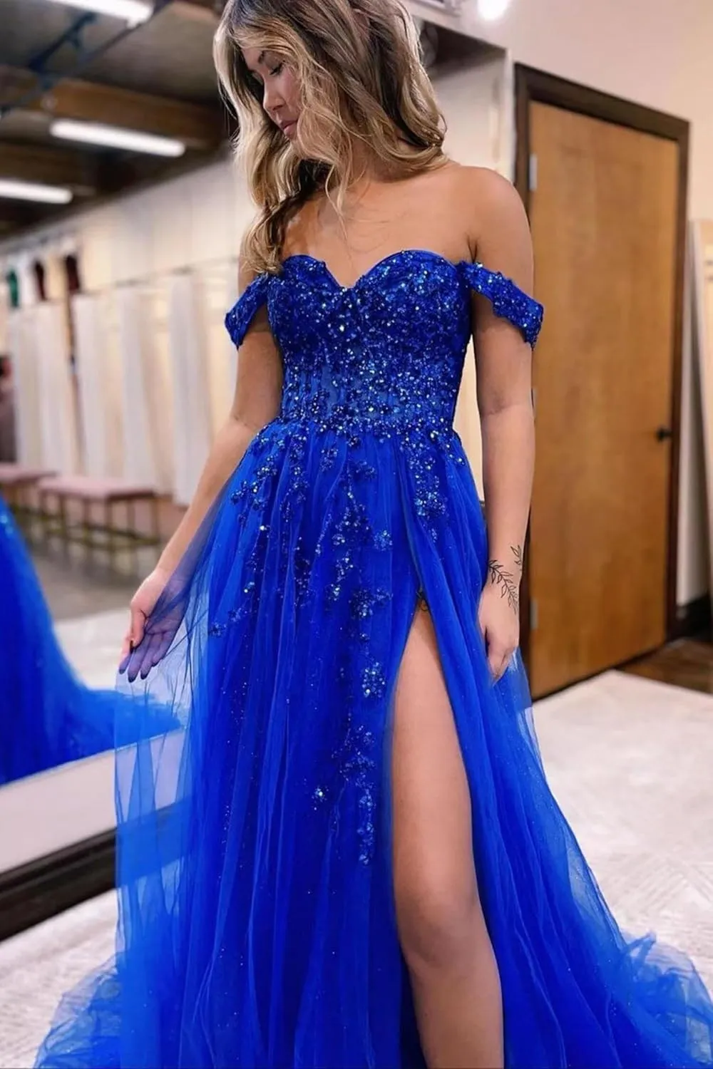 Applique Glitter Tulle Prom Dress Strapless Ball Gowns Off Shoulder Prom Dresses for Women Evening Gown with High Split