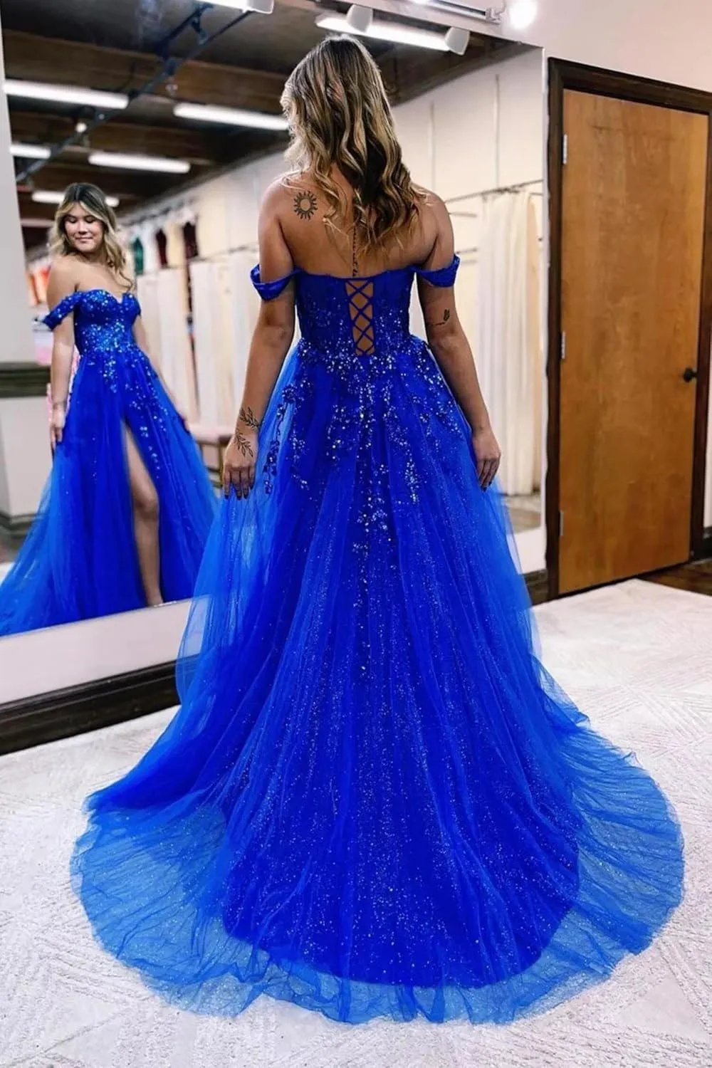 Applique Glitter Tulle Prom Dress Strapless Ball Gowns Off Shoulder Prom Dresses for Women Evening Gown with High Split