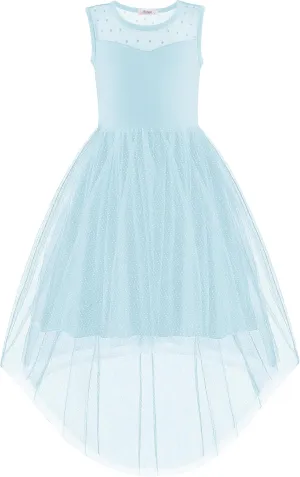 Arshiner Girls Dresses Formal Party Wedding Tulle Sleeveless Contrast Mesh High Low Dress with Belt