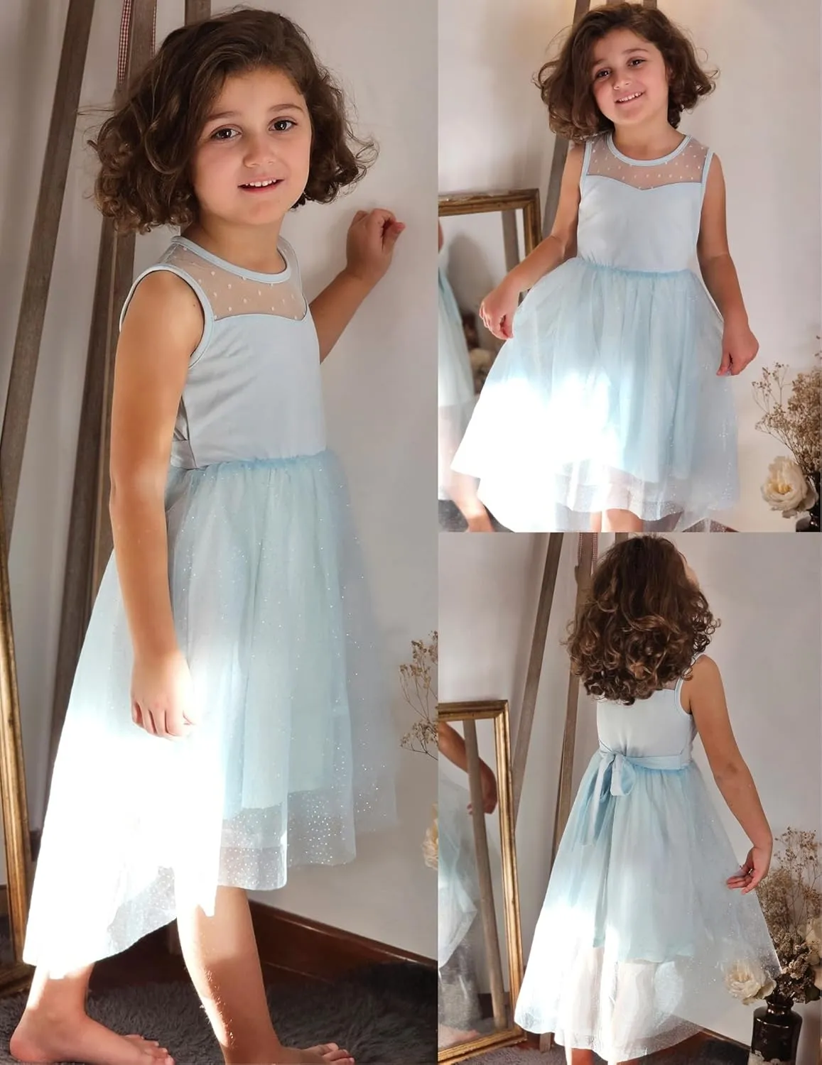 Arshiner Girls Dresses Formal Party Wedding Tulle Sleeveless Contrast Mesh High Low Dress with Belt