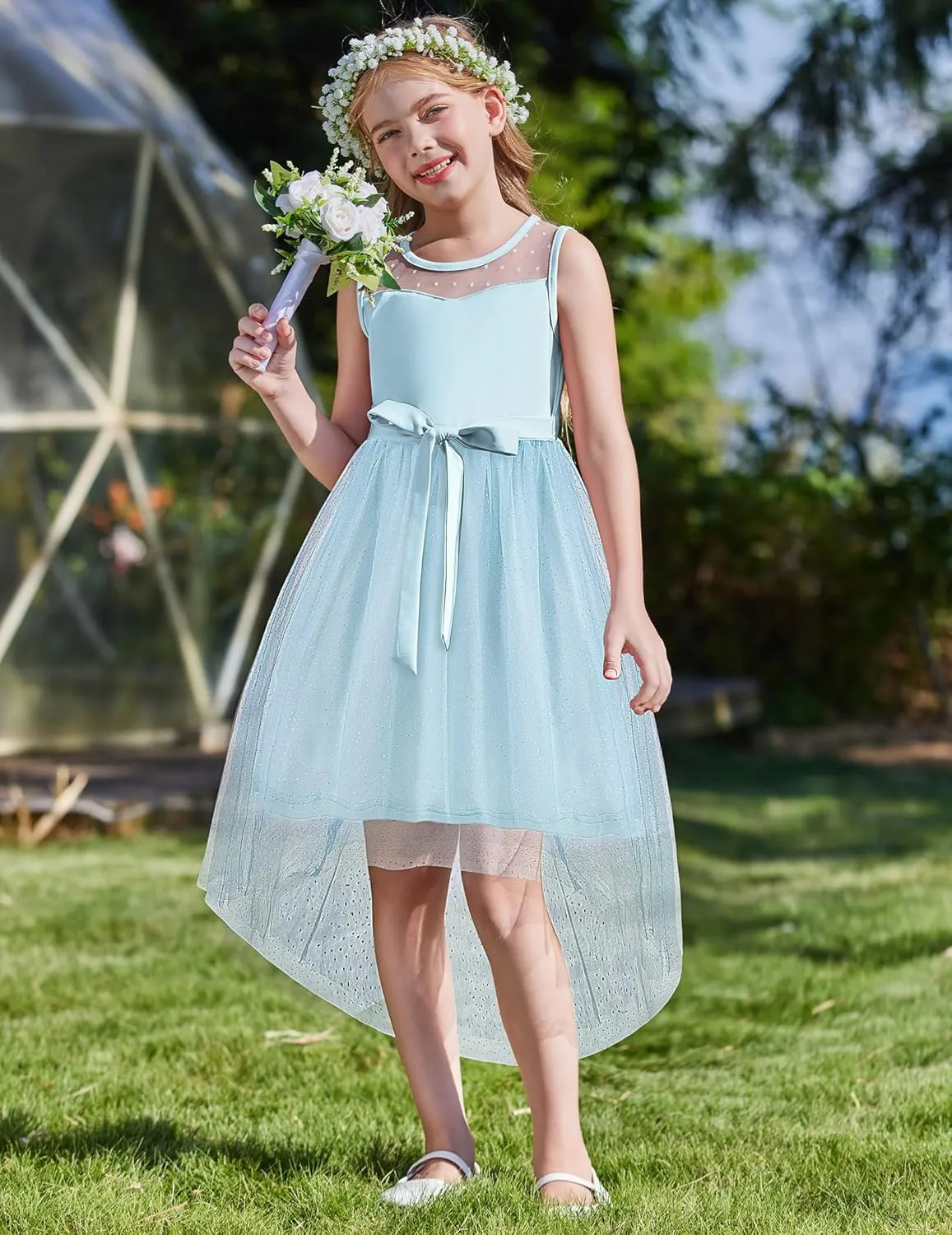 Arshiner Girls Dresses Formal Party Wedding Tulle Sleeveless Contrast Mesh High Low Dress with Belt