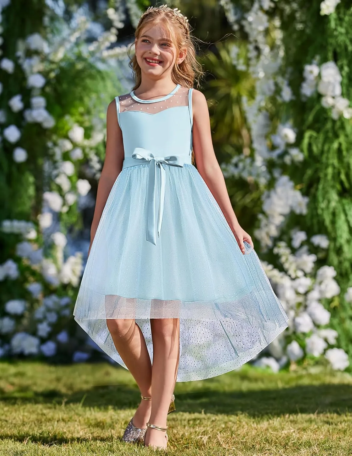 Arshiner Girls Dresses Formal Party Wedding Tulle Sleeveless Contrast Mesh High Low Dress with Belt