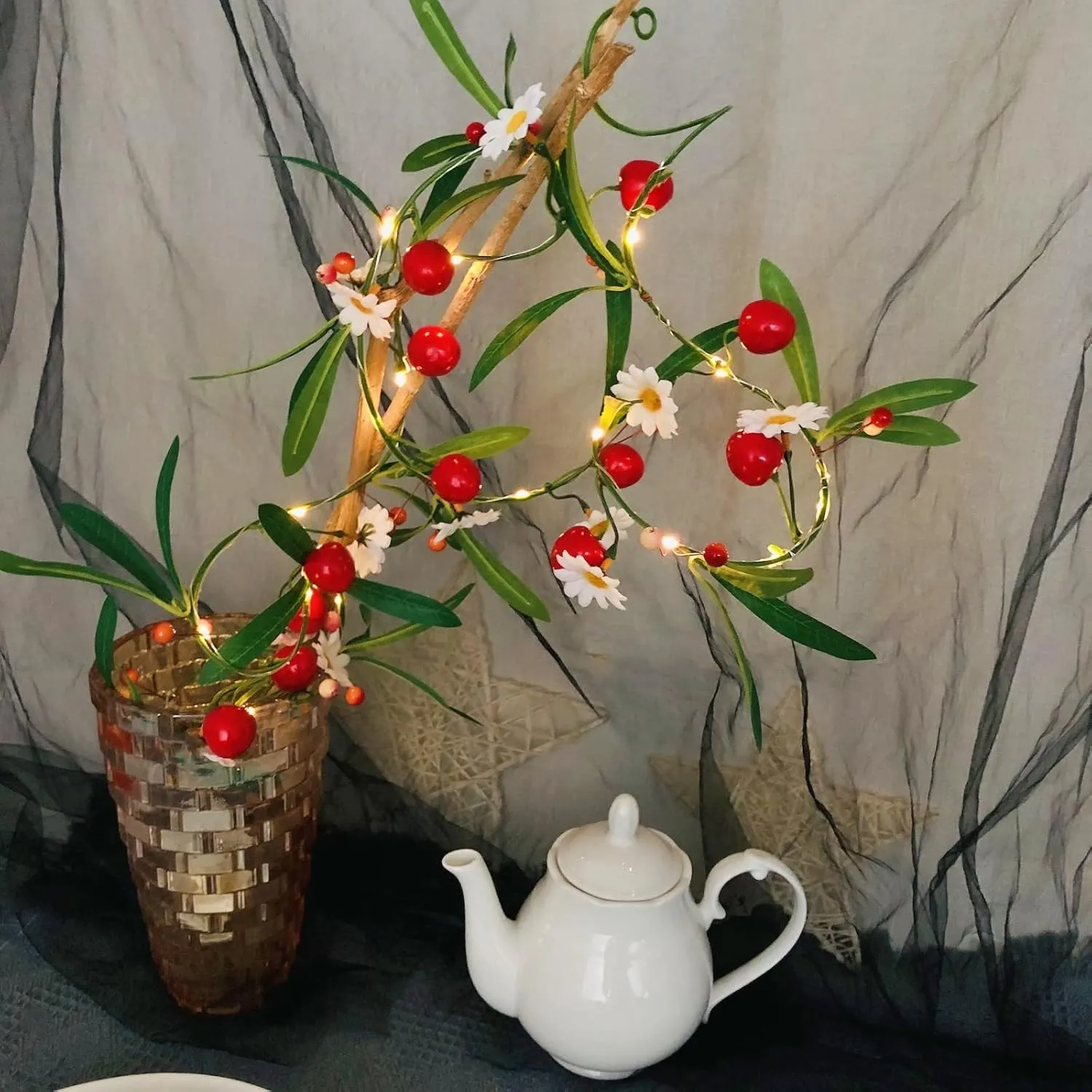 Artificial Cherry String Lights LED Cherry Hanging Plant Vine Garland Green Leaves Berries White Flower Fairy Light for Home Garden Wedding Party Decor (1 Pack, A-Cherry Flower Light)