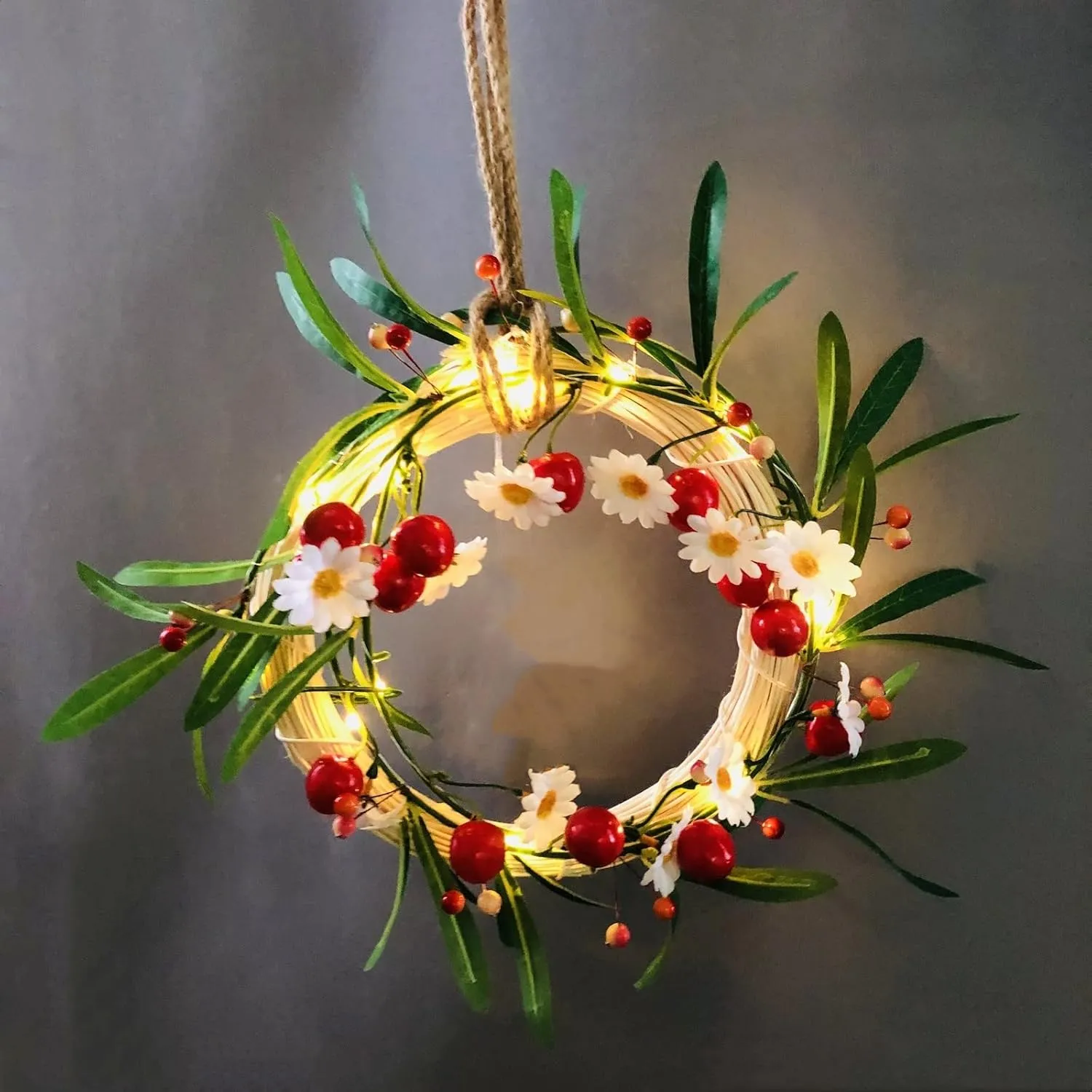 Artificial Cherry String Lights LED Cherry Hanging Plant Vine Garland Green Leaves Berries White Flower Fairy Light for Home Garden Wedding Party Decor (1 Pack, A-Cherry Flower Light)