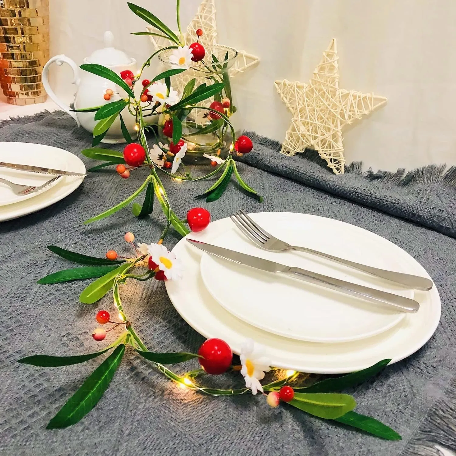 Artificial Cherry String Lights LED Cherry Hanging Plant Vine Garland Green Leaves Berries White Flower Fairy Light for Home Garden Wedding Party Decor (1 Pack, A-Cherry Flower Light)