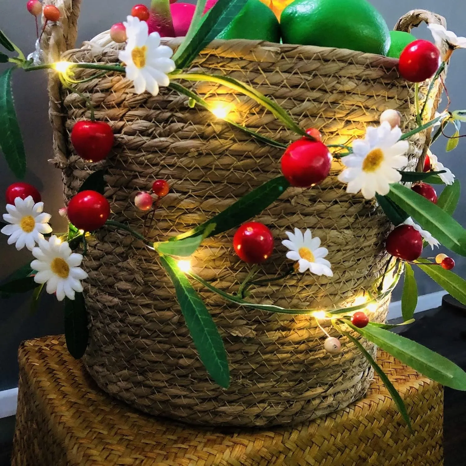 Artificial Cherry String Lights LED Cherry Hanging Plant Vine Garland Green Leaves Berries White Flower Fairy Light for Home Garden Wedding Party Decor (1 Pack, A-Cherry Flower Light)