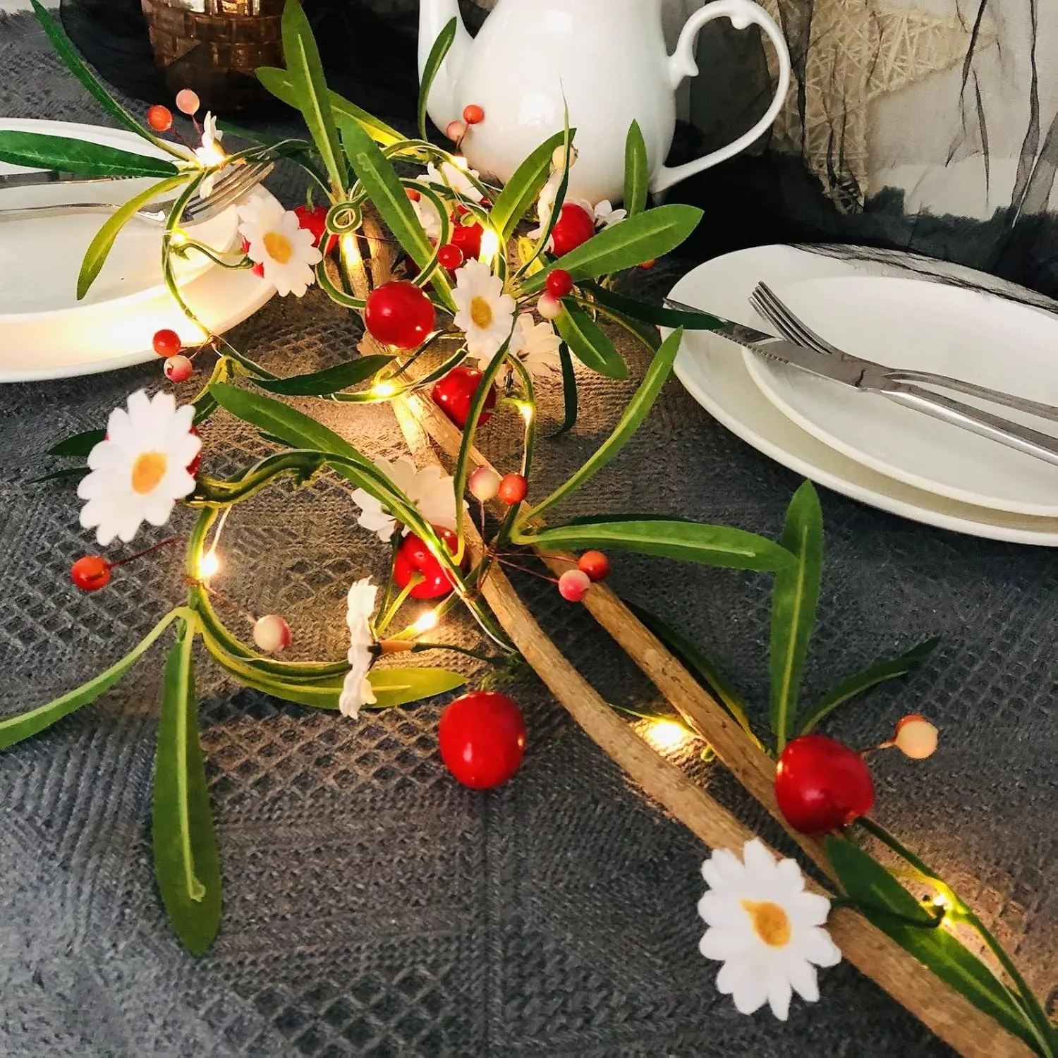 Artificial Cherry String Lights LED Cherry Hanging Plant Vine Garland Green Leaves Berries White Flower Fairy Light for Home Garden Wedding Party Decor (1 Pack, A-Cherry Flower Light)