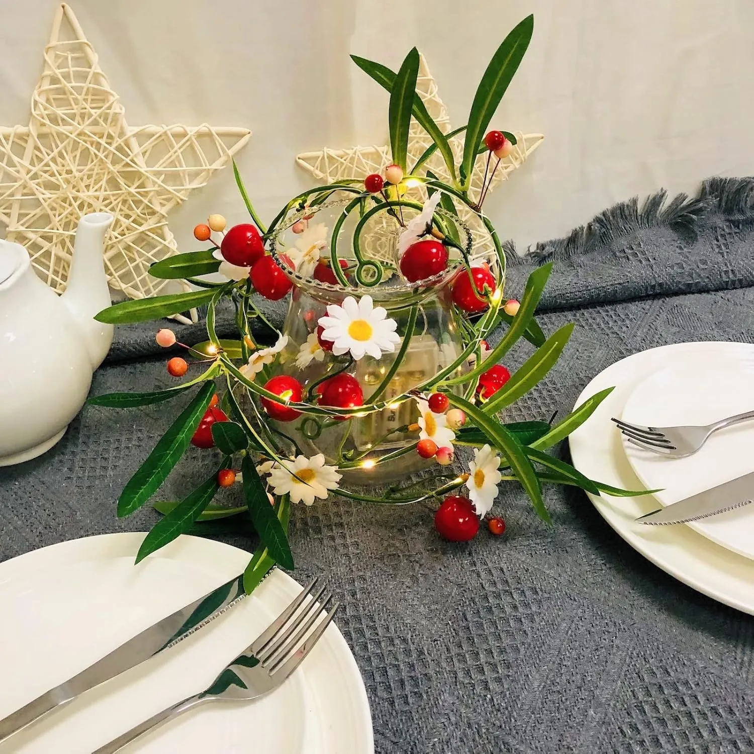 Artificial Cherry String Lights LED Cherry Hanging Plant Vine Garland Green Leaves Berries White Flower Fairy Light for Home Garden Wedding Party Decor (1 Pack, A-Cherry Flower Light)