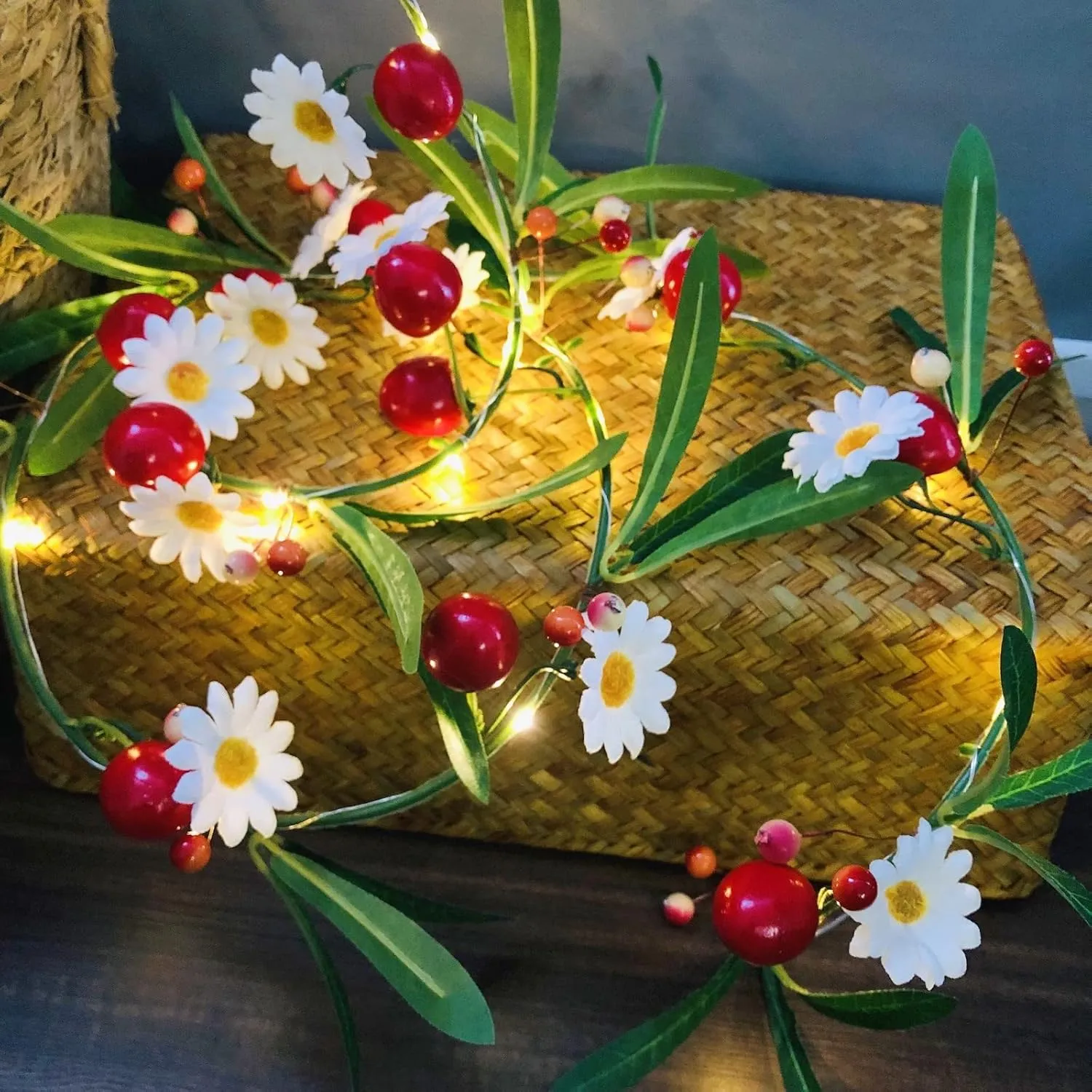 Artificial Cherry String Lights LED Cherry Hanging Plant Vine Garland Green Leaves Berries White Flower Fairy Light for Home Garden Wedding Party Decor (1 Pack, A-Cherry Flower Light)