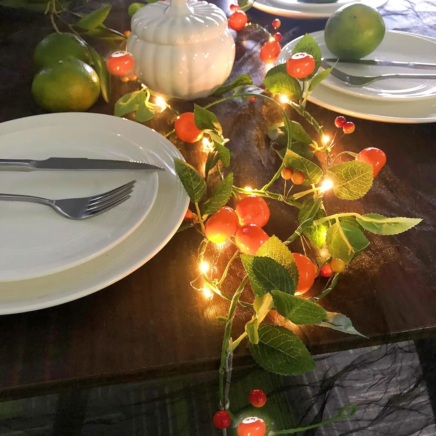 Artificial Fruit Tangerine String Lights 80LED Oranges Berries Kumquat Hanging Vines Light Plant Garland Battery Powered for Home Garden Wedding Party Decor (Tangerine Vine with LED, 4 Pack)