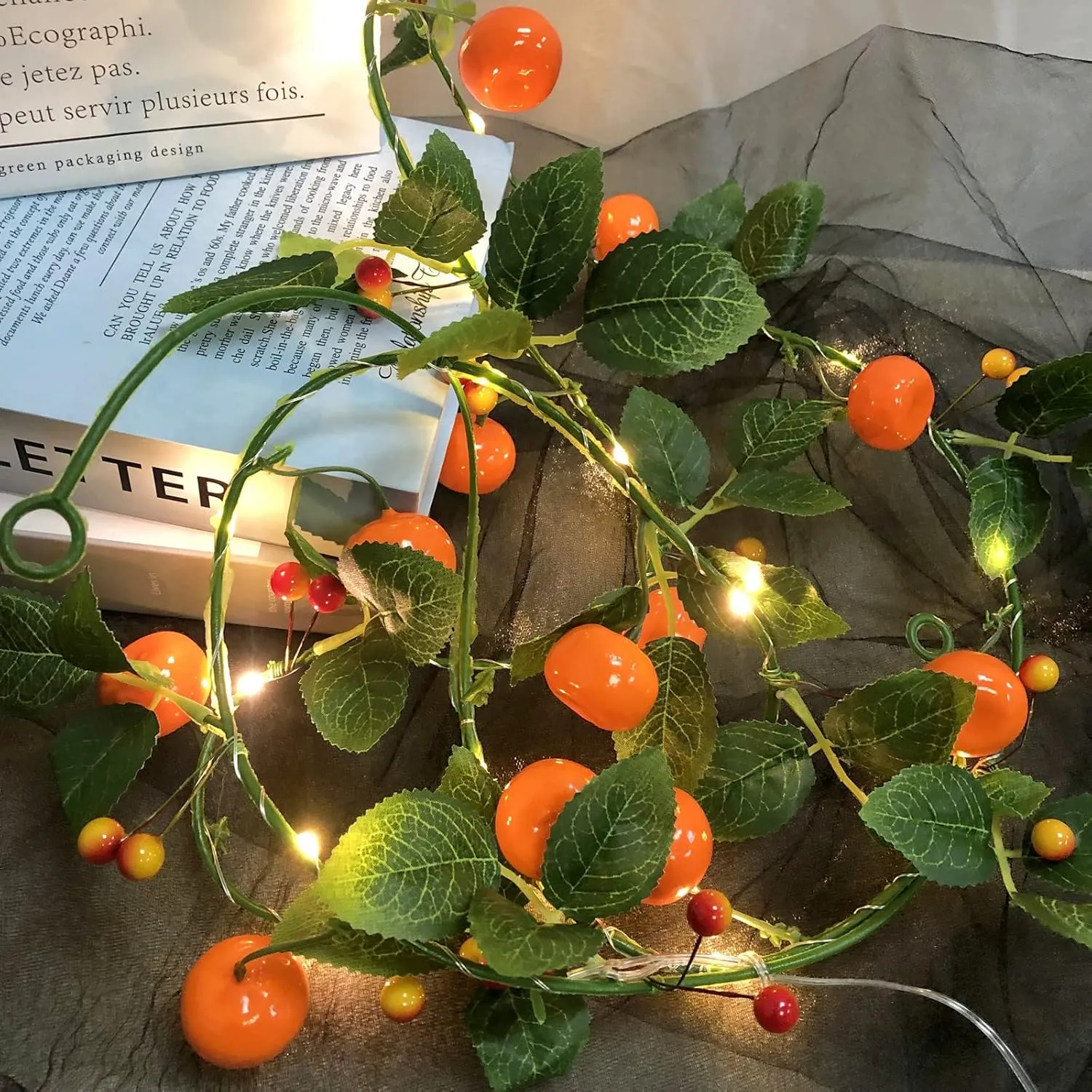 Artificial Fruit Tangerine String Lights 80LED Oranges Berries Kumquat Hanging Vines Light Plant Garland Battery Powered for Home Garden Wedding Party Decor (Tangerine Vine with LED, 4 Pack)