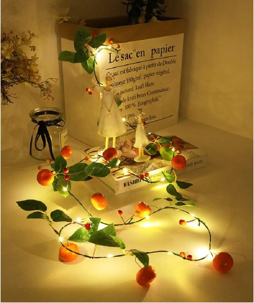 Artificial Fruit Tangerine String Lights LED Oranges Hanging Vines Plant Garland Artificial Berries Kumquat Light for Home Wedding Party Decor (Tangerine Vine with LED, 2 Pack)