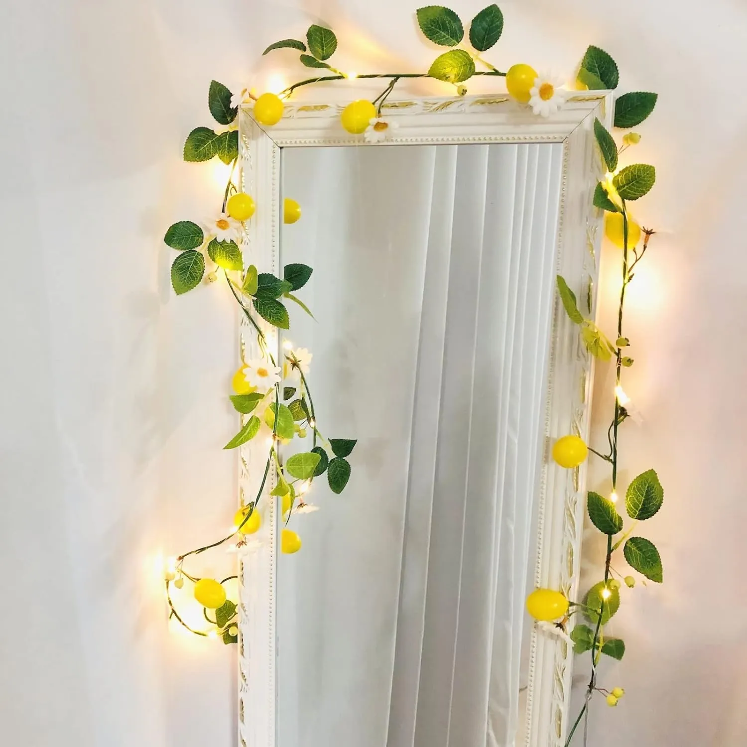 Artificial Lemon Vine Plant Garland with White Flower Berries Fairy Light Battery Powered for Home Garden Wedding Party Christmas Decor (2 Pack, Lemon)