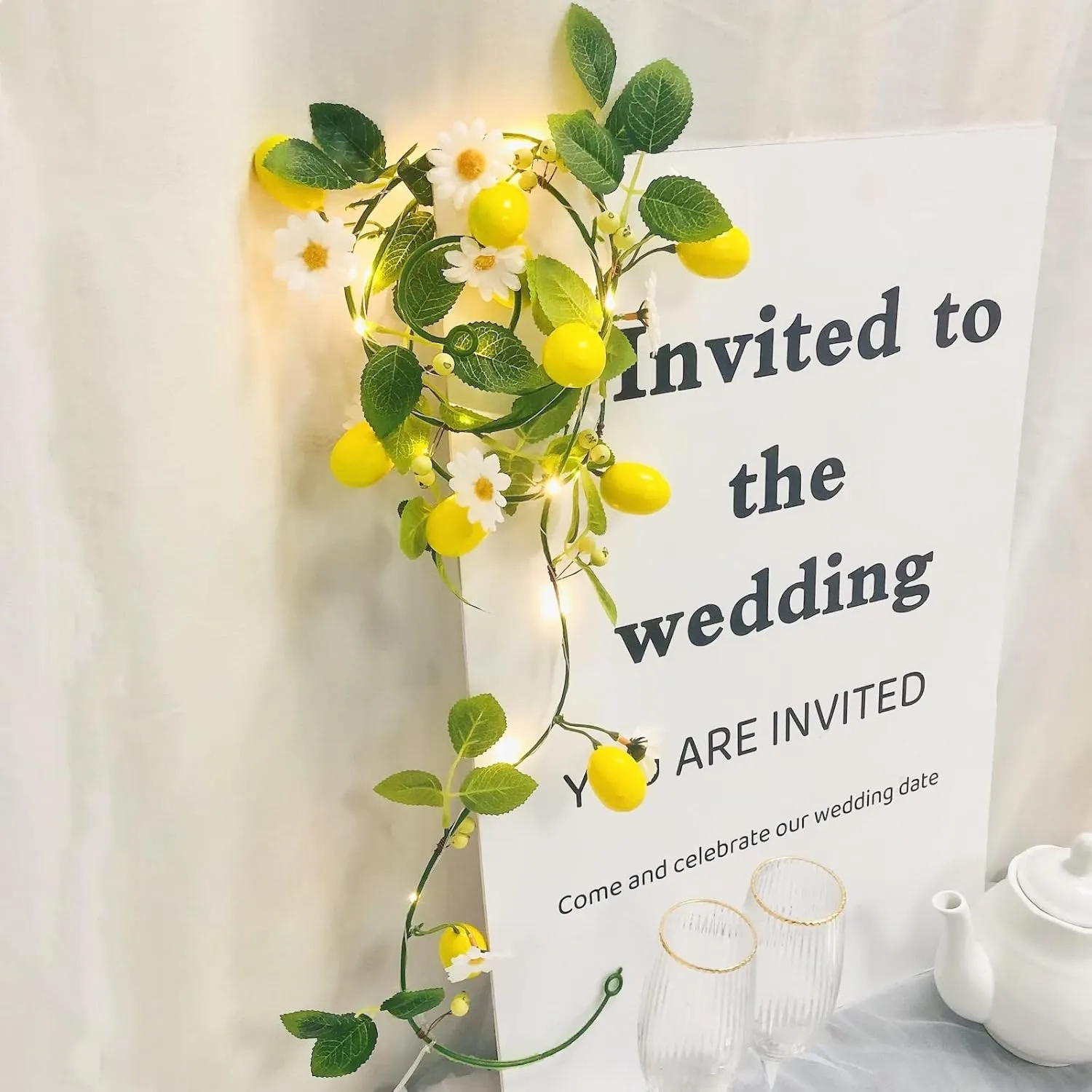 Artificial Lemon Vine Plant Garland with White Flower Berries Fairy Light Battery Powered for Home Garden Wedding Party Christmas Decor (2 Pack, Lemon)