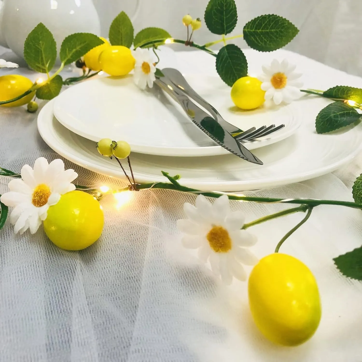 Artificial Lemon Vine Plant Garland with White Flower Berries Fairy Light Battery Powered for Home Garden Wedding Party Christmas Decor (2 Pack, Lemon)