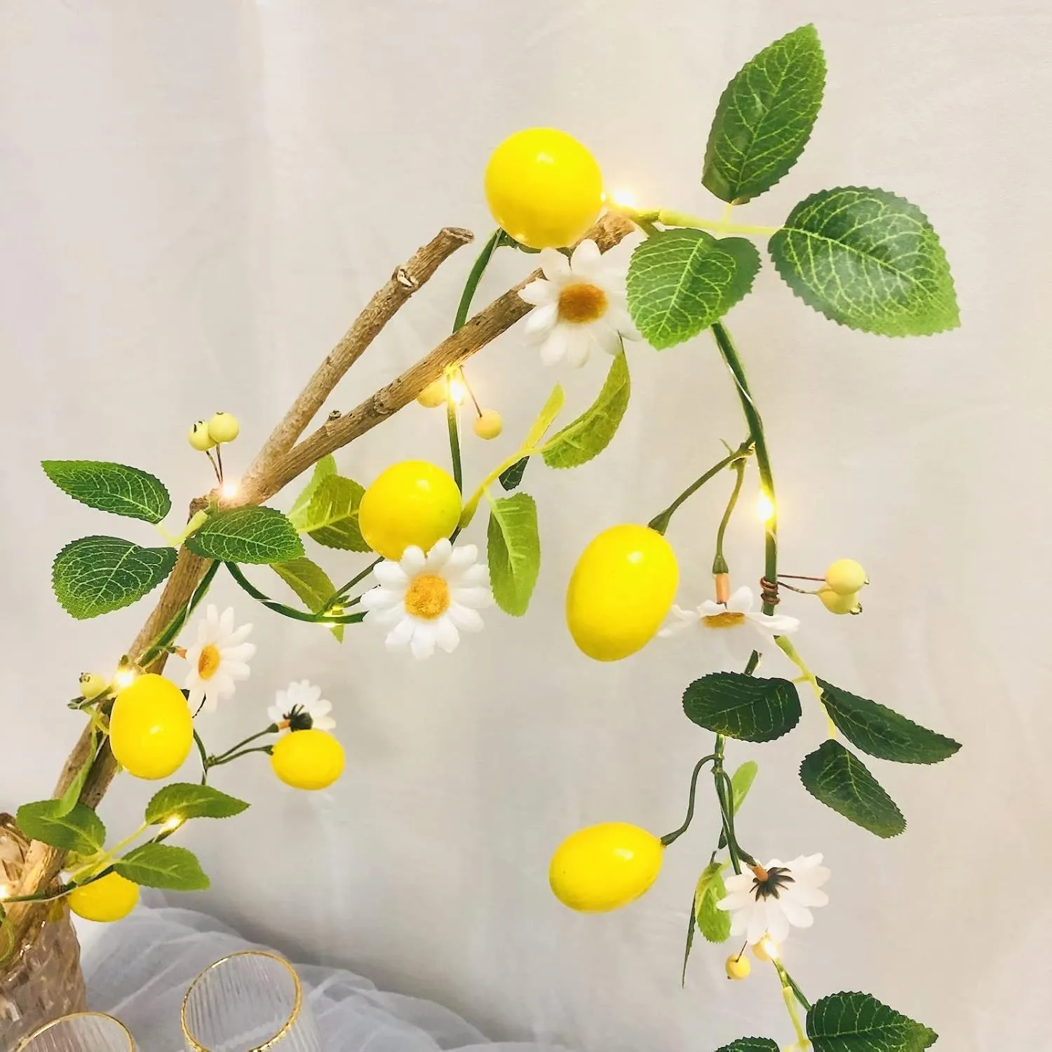 Artificial Lemon Vine Plant Garland with White Flower Berries Fairy Light Battery Powered for Home Garden Wedding Party Christmas Decor (2 Pack, Lemon)
