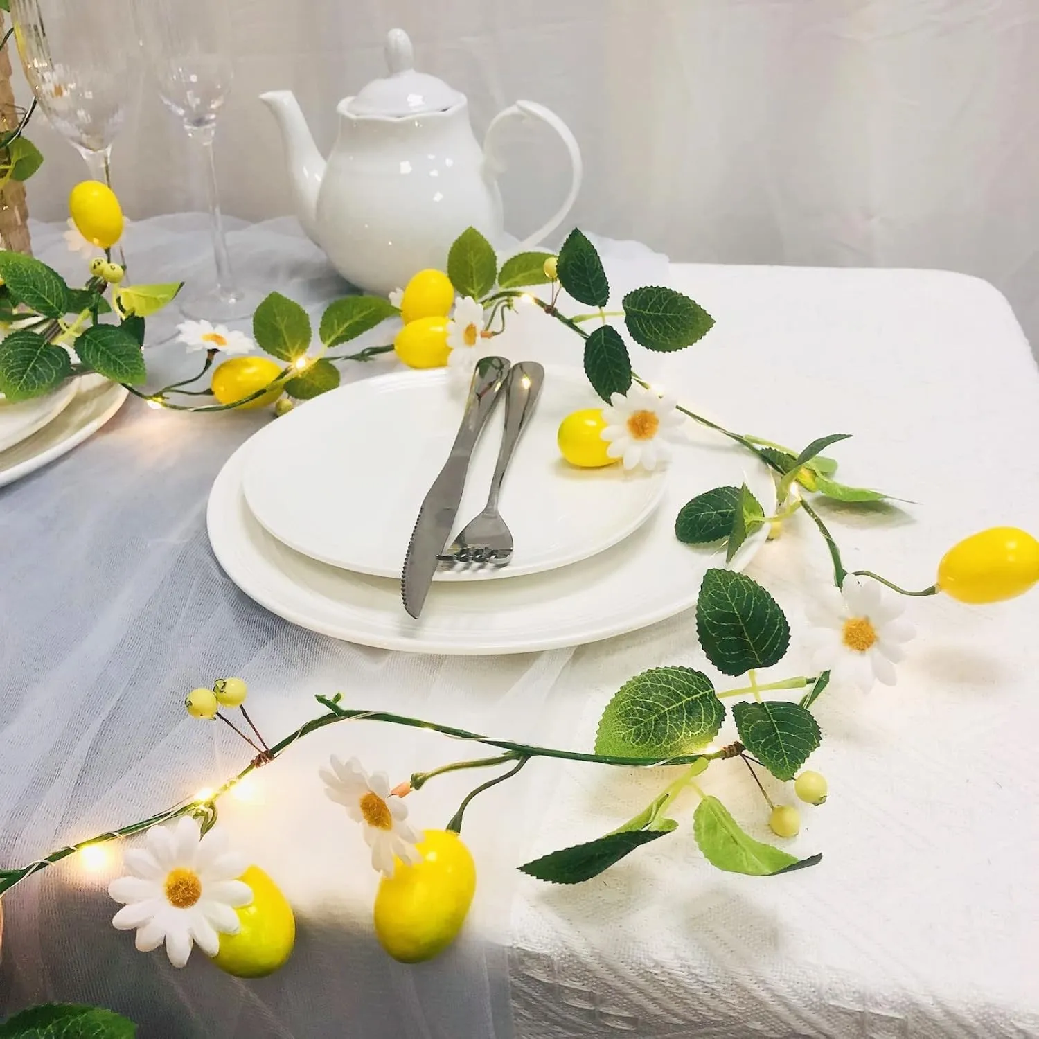 Artificial Lemon Vine Plant Garland with White Flower Berries Fairy Light Battery Powered for Home Garden Wedding Party Christmas Decor (2 Pack, Lemon)