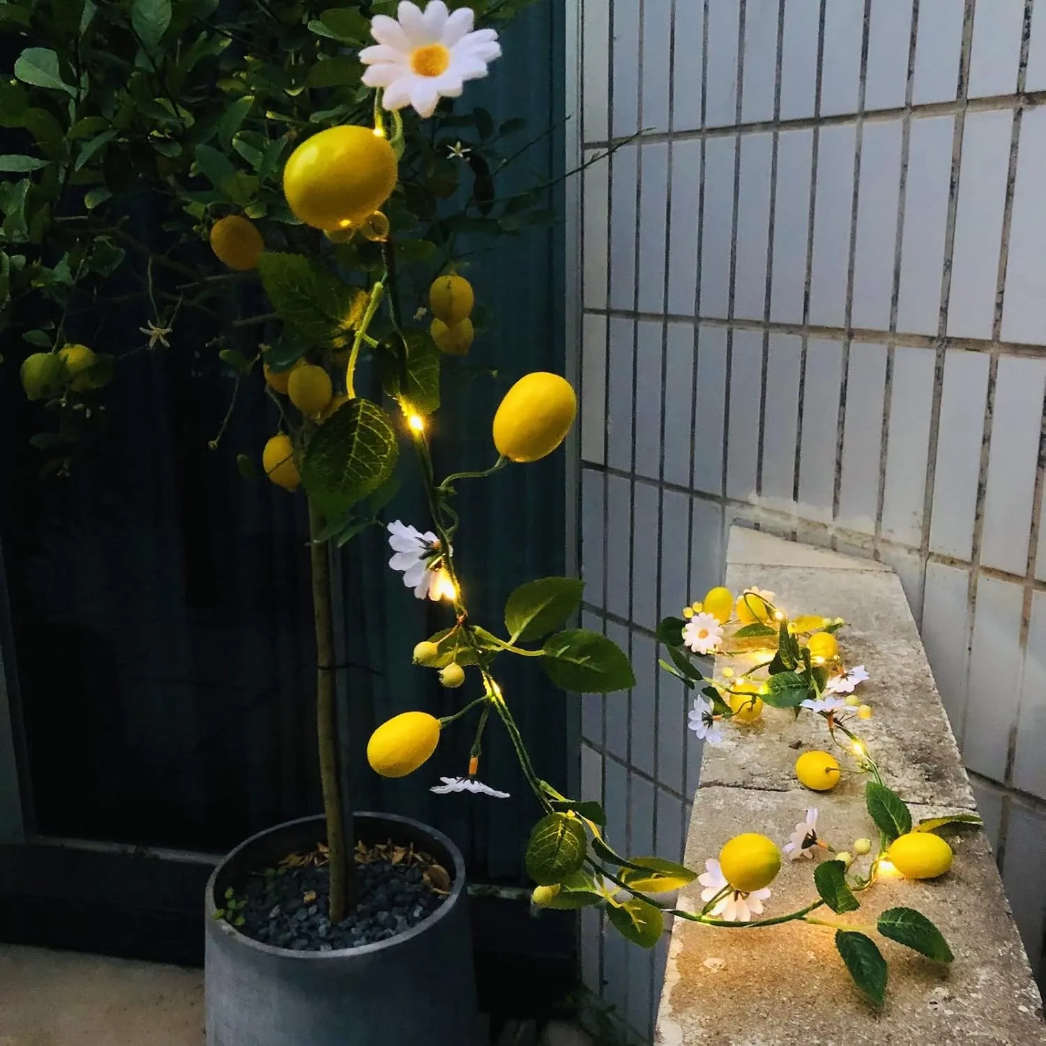 Artificial Lemon Vine Plant Garland with White Flower Berries Fairy Light Battery Powered for Home Garden Wedding Party Christmas Decor (2 Pack, Lemon)