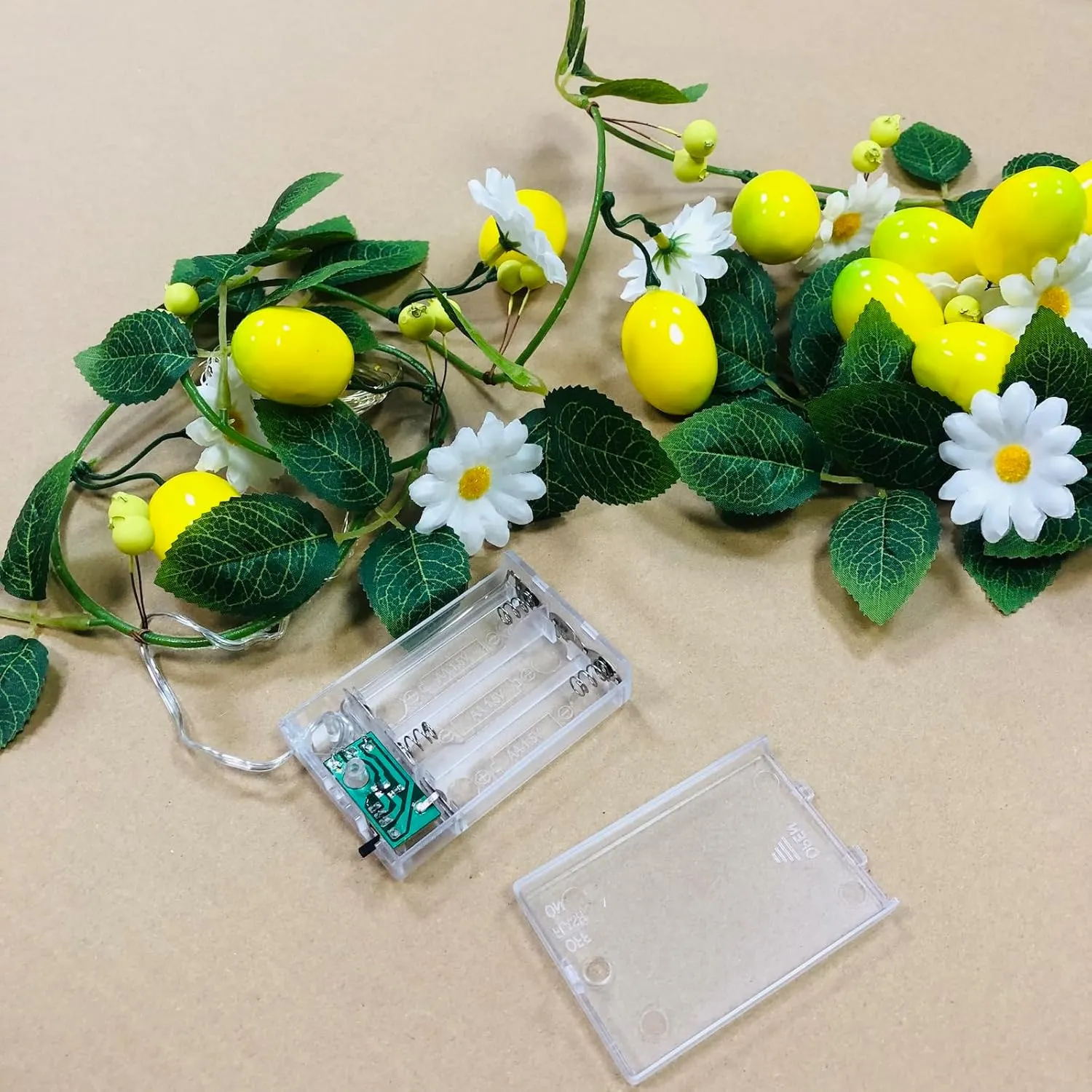 Artificial Lemon Vine Plant Garland with White Flower Berries Fairy Light Battery Powered for Home Garden Wedding Party Christmas Decor (2 Pack, Lemon)