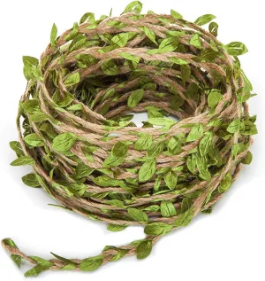 Artificial Vine Natural Hemp Rope Burlap Leaf Ribbon for Jungle Fake Green Ivy Leaves Foliage Leaf Plant for Macrame Wall Decor Garland Rustic Wedding Party Supplies (164FT)