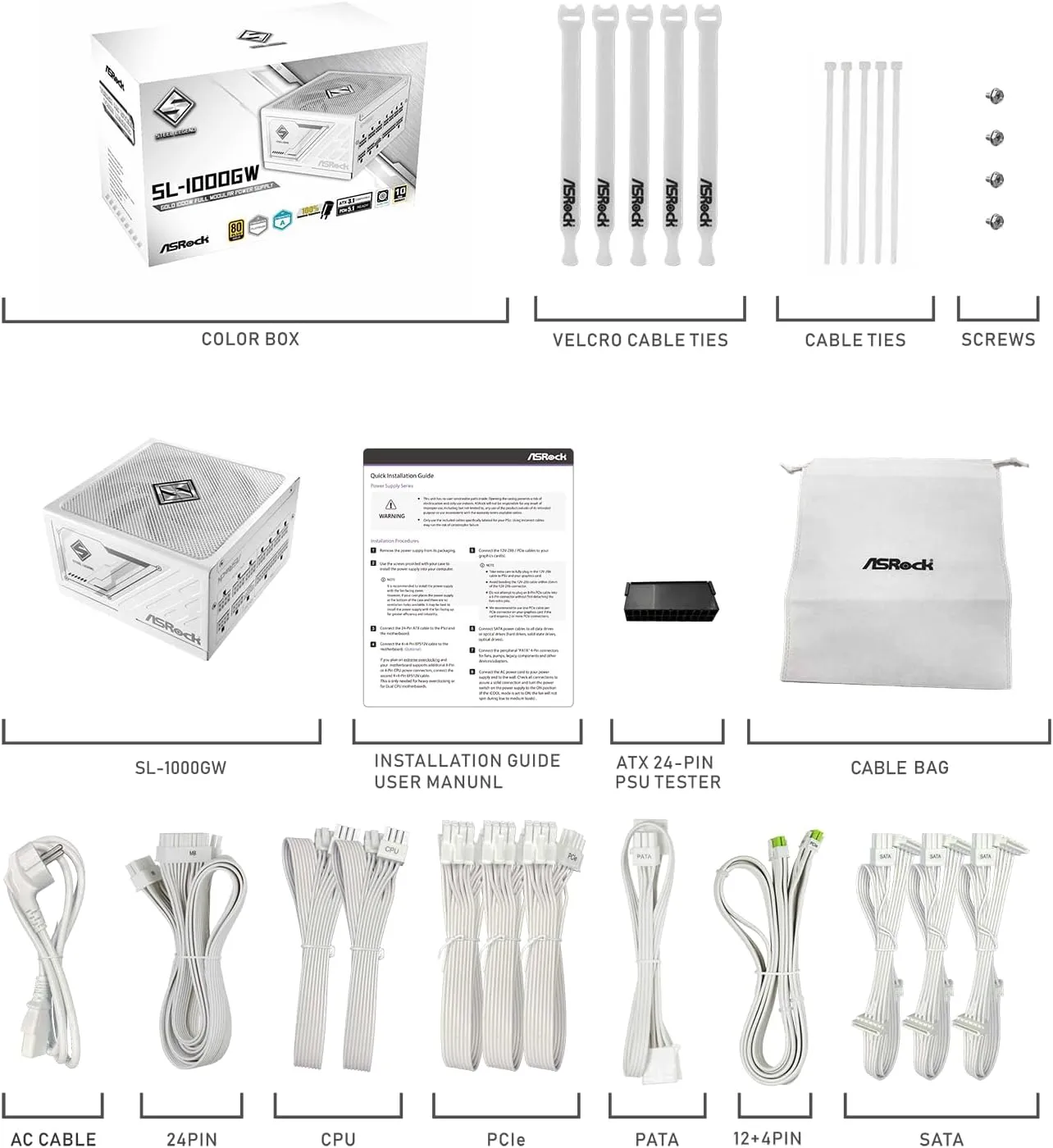 ASRock Steel Legend SL-1000GW 1000W 80 Plus Gold & Cybenetics Platinum Full Modular Power Supply ATX3.1 PCIe5.1 Ready with Dual Color 12V-2x6 Cable 10 Years Warranty White Edition Japanese Capacitor