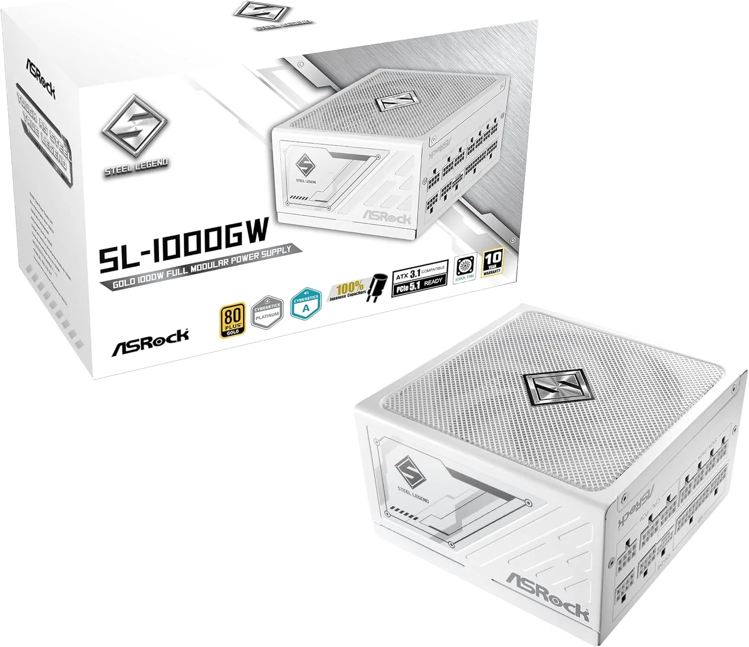 ASRock Steel Legend SL-1000GW 1000W 80 Plus Gold & Cybenetics Platinum Full Modular Power Supply ATX3.1 PCIe5.1 Ready with Dual Color 12V-2x6 Cable 10 Years Warranty White Edition Japanese Capacitor