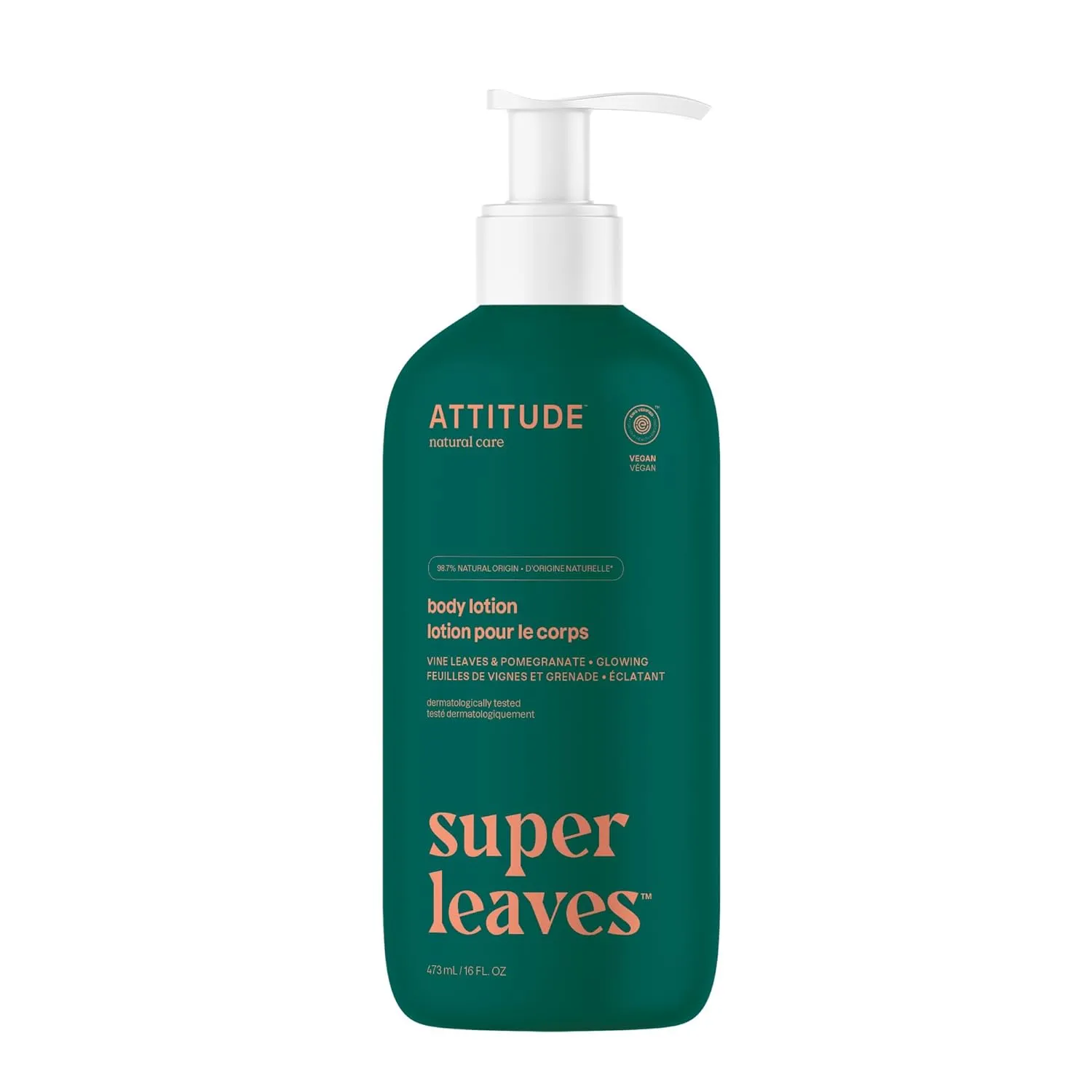 ATTITUDE Body Lotion, EWG Verified Moisturizer, Vegan Skin Care Products, Non-Greasy, Hydrating for Dry Skin, Cruelty Free, Glowing, Vine Leaves and Pomegranate, 16 Fl Oz