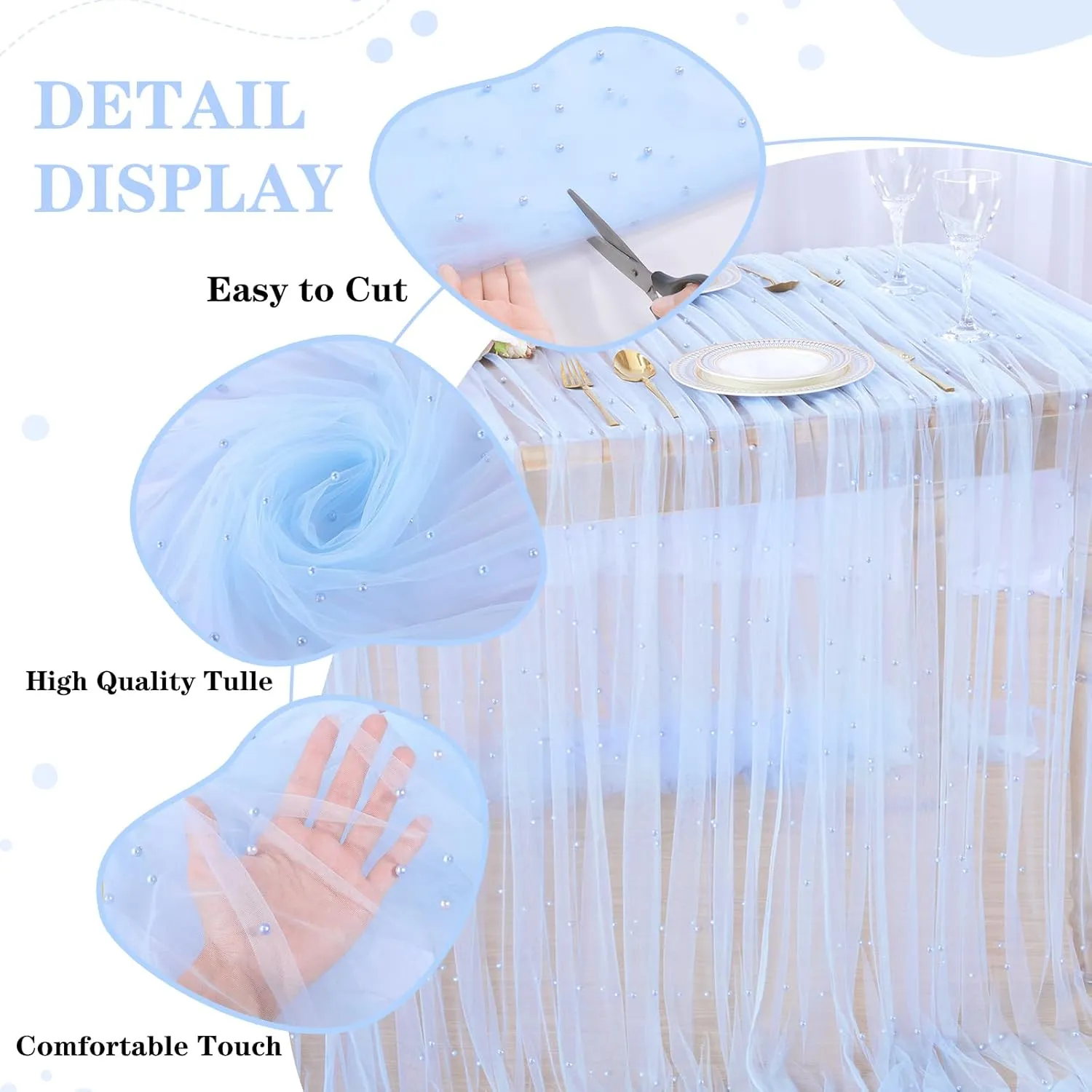 Baby Blue Pearl Tulle Fabric 3 Yard Sheer Mesh Fabric Sewing DIY Crafts for Tutu Skirt Wedding Arch Bridal Veil Bridal Shower Table Runner Party Table Decorations