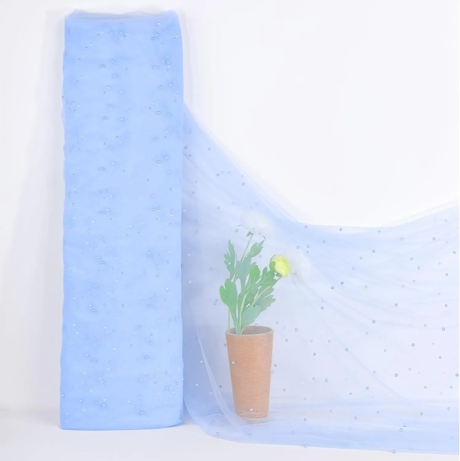 Baby Blue Pearl Tulle Fabric 3 Yard Sheer Mesh Fabric Sewing DIY Crafts for Tutu Skirt Wedding Arch Bridal Veil Bridal Shower Table Runner Party Table Decorations