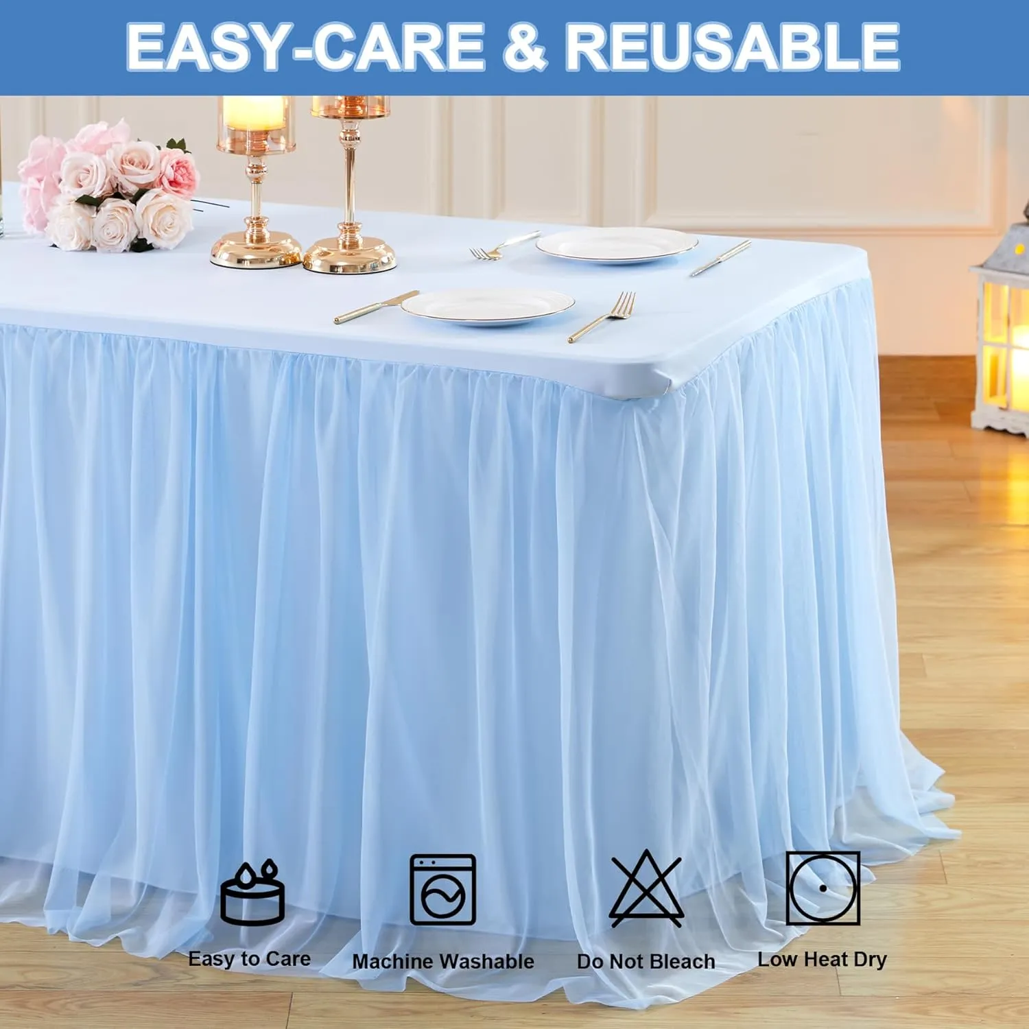 Baby Blue Tulle Tablecloth for 6 Foot Rectangle Tables Wrinkle Free Table Cloth Tutu Table Skirt Ruffle Stretch Tulle Cover for Boy Birthday Baby Shower Party Gender Reveal Cake Tables Decor