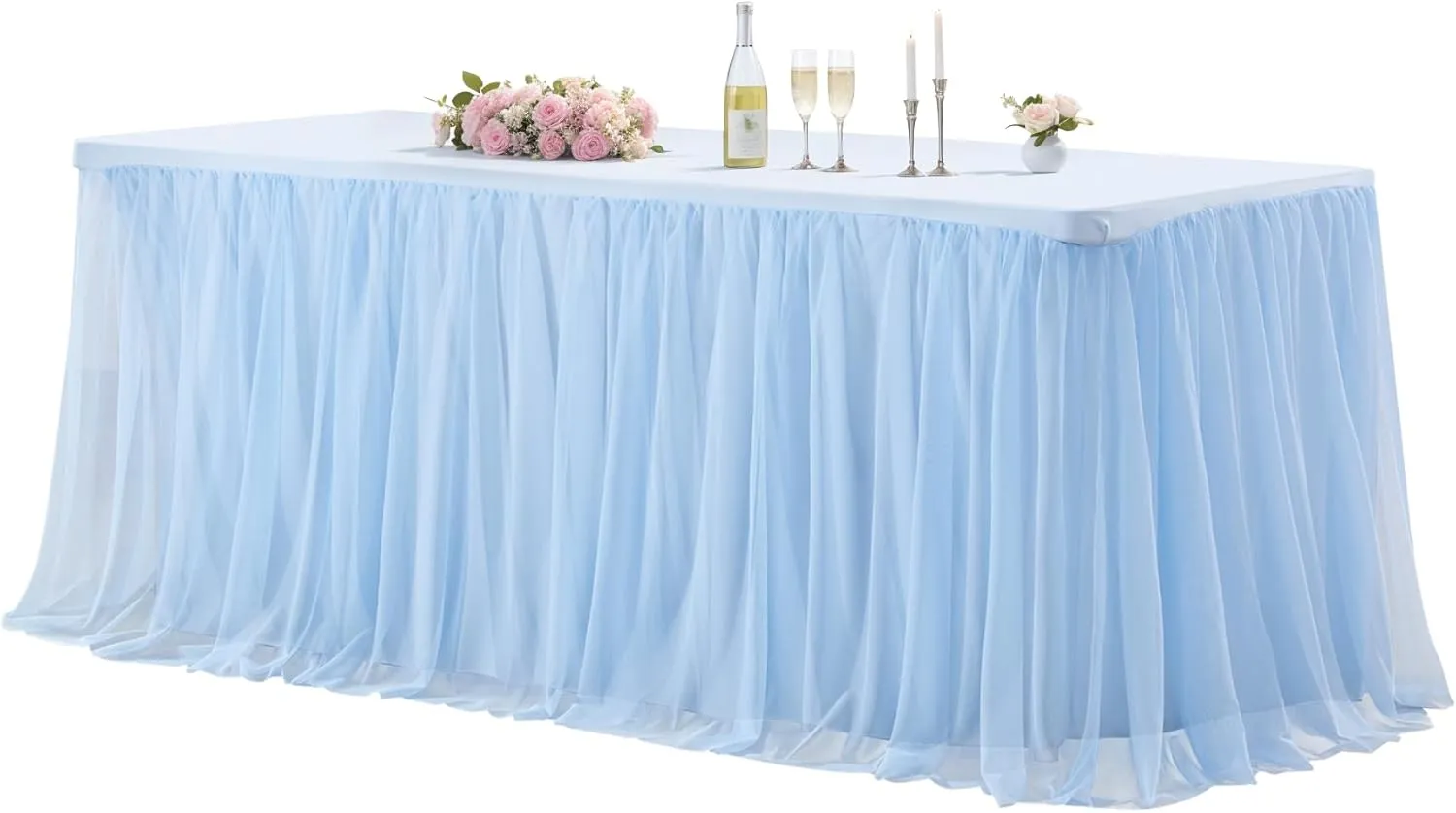 Baby Blue Tulle Tablecloth for 6 Foot Rectangle Tables Wrinkle Free Table Cloth Tutu Table Skirt Ruffle Stretch Tulle Cover for Boy Birthday Baby Shower Party Gender Reveal Cake Tables Decor
