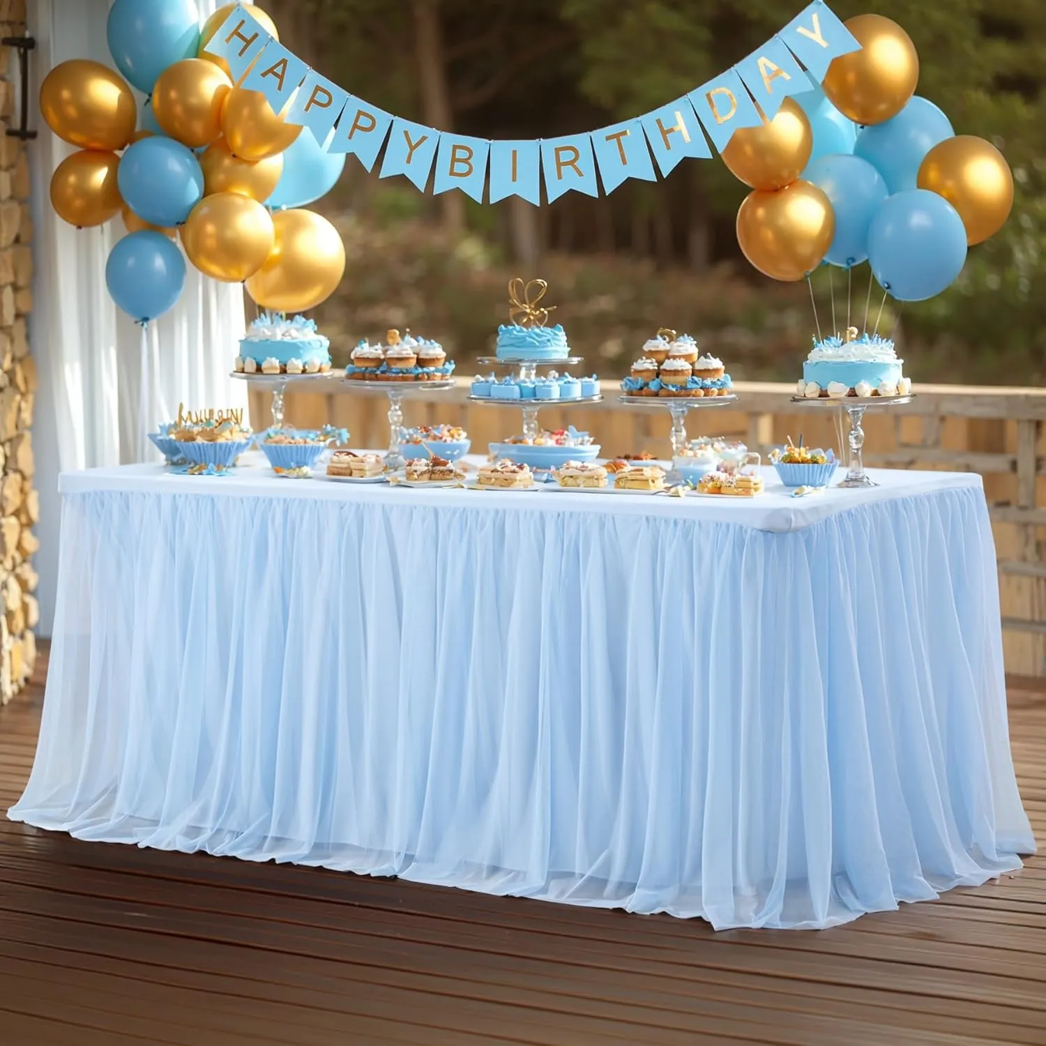 Baby Blue Tulle Tablecloth for 6 Foot Rectangle Tables Wrinkle Free Table Cloth Tutu Table Skirt Ruffle Stretch Tulle Cover for Boy Birthday Baby Shower Party Gender Reveal Cake Tables Decor