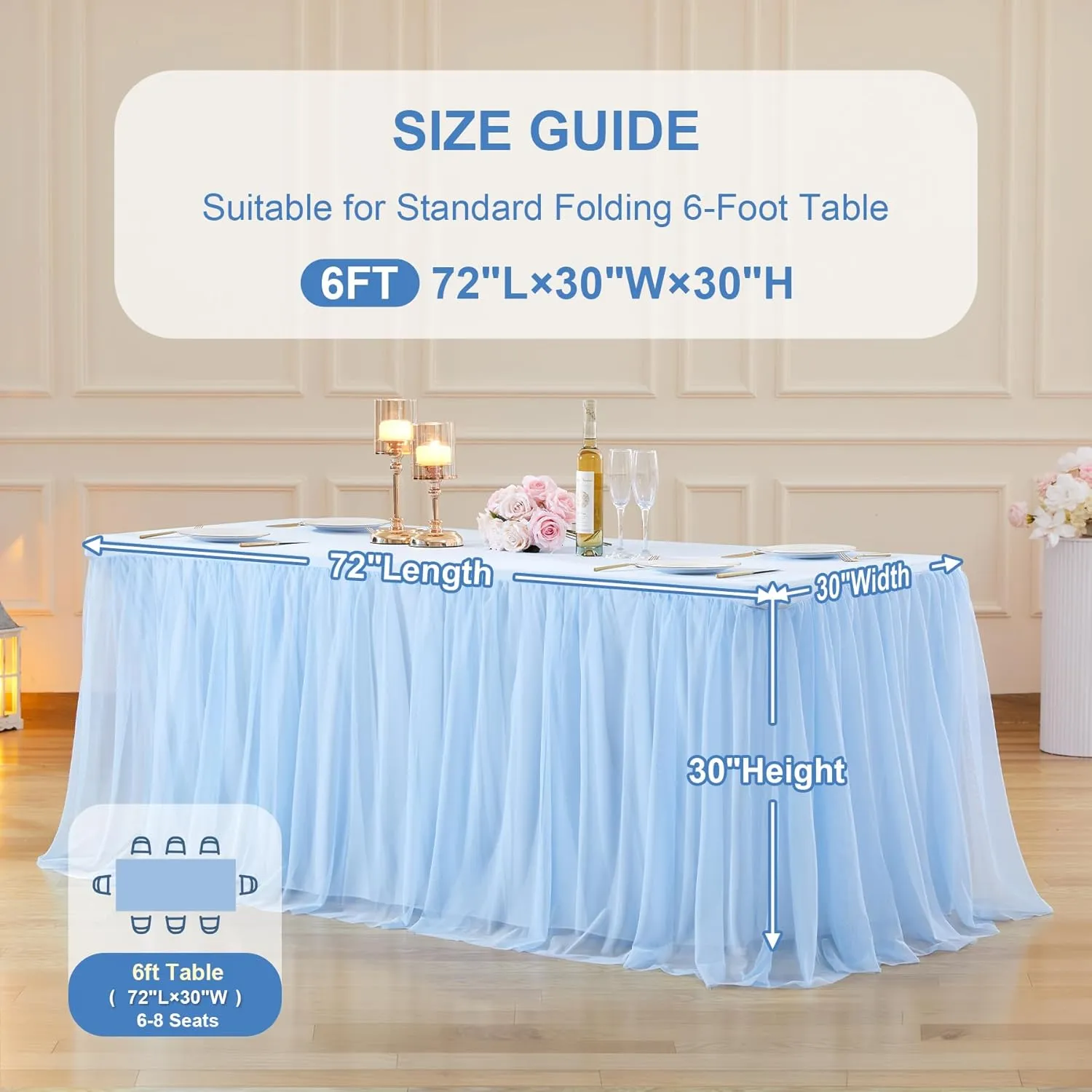 Baby Blue Tulle Tablecloth for 6 Foot Rectangle Tables Wrinkle Free Table Cloth Tutu Table Skirt Ruffle Stretch Tulle Cover for Boy Birthday Baby Shower Party Gender Reveal Cake Tables Decor