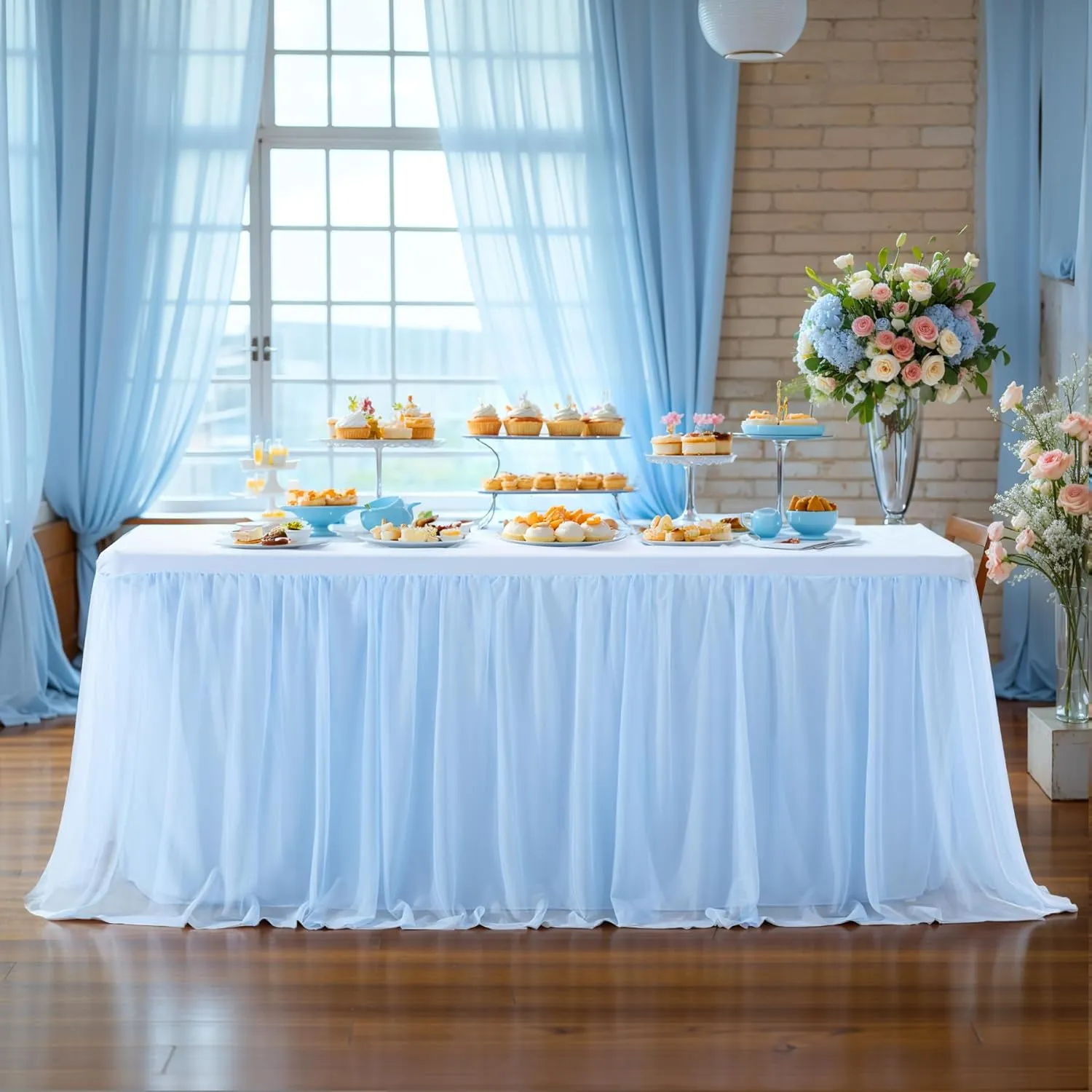 Baby Blue Tulle Tablecloth for 6 Foot Rectangle Tables Wrinkle Free Table Cloth Tutu Table Skirt Ruffle Stretch Tulle Cover for Boy Birthday Baby Shower Party Gender Reveal Cake Tables Decor