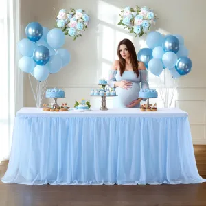 Baby Blue Tulle Tablecloth for 6 Foot Rectangle Tables Wrinkle Free Table Cloth Tutu Table Skirt Ruffle Stretch Tulle Cover for Boy Birthday Baby Shower Party Gender Reveal Cake Tables Decor