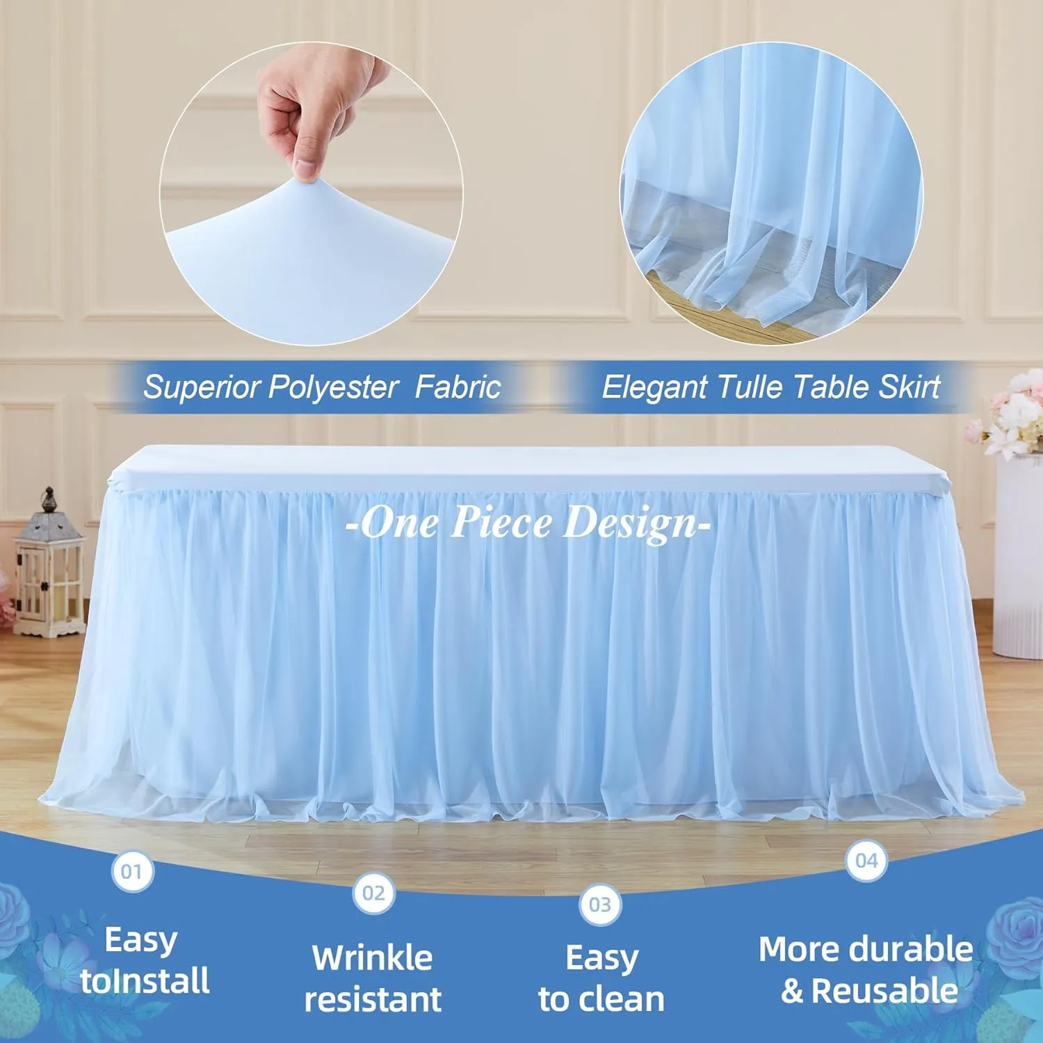 Baby Blue Tulle Tablecloth for 6 Foot Rectangle Tables Wrinkle Free Table Cloth Tutu Table Skirt Ruffle Stretch Tulle Cover for Boy Birthday Baby Shower Party Gender Reveal Cake Tables Decor