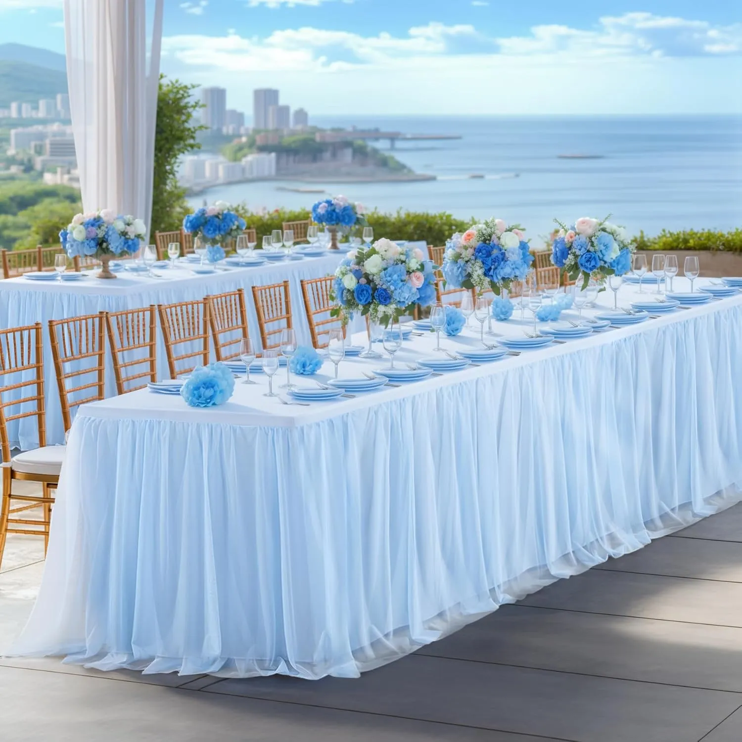 Baby Blue Tulle Tablecloth for 6 Foot Rectangle Tables Wrinkle Free Table Cloth Tutu Table Skirt Ruffle Stretch Tulle Cover for Boy Birthday Baby Shower Party Gender Reveal Cake Tables Decor