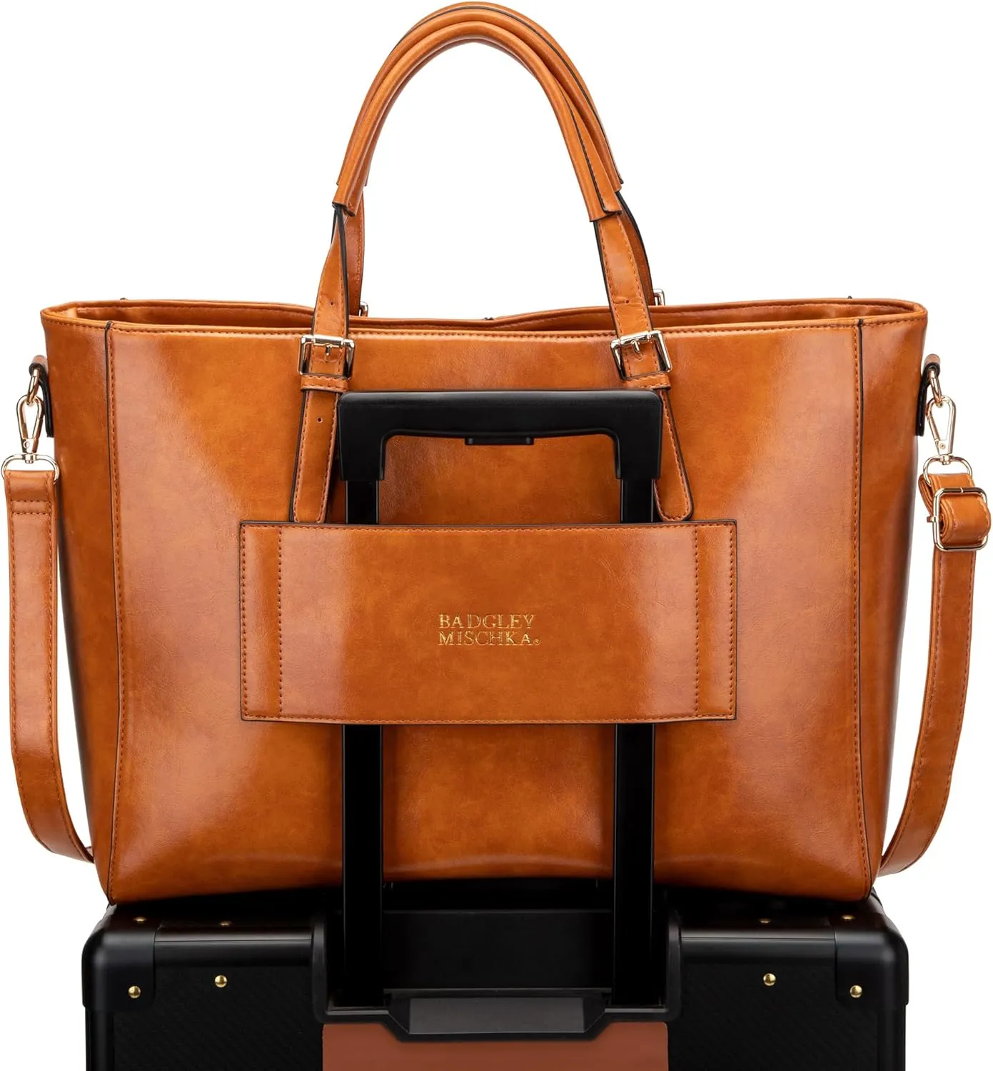 Badgley Mischka Julia Vegan Leather Weekender Tote Bag for Travel (Tan)