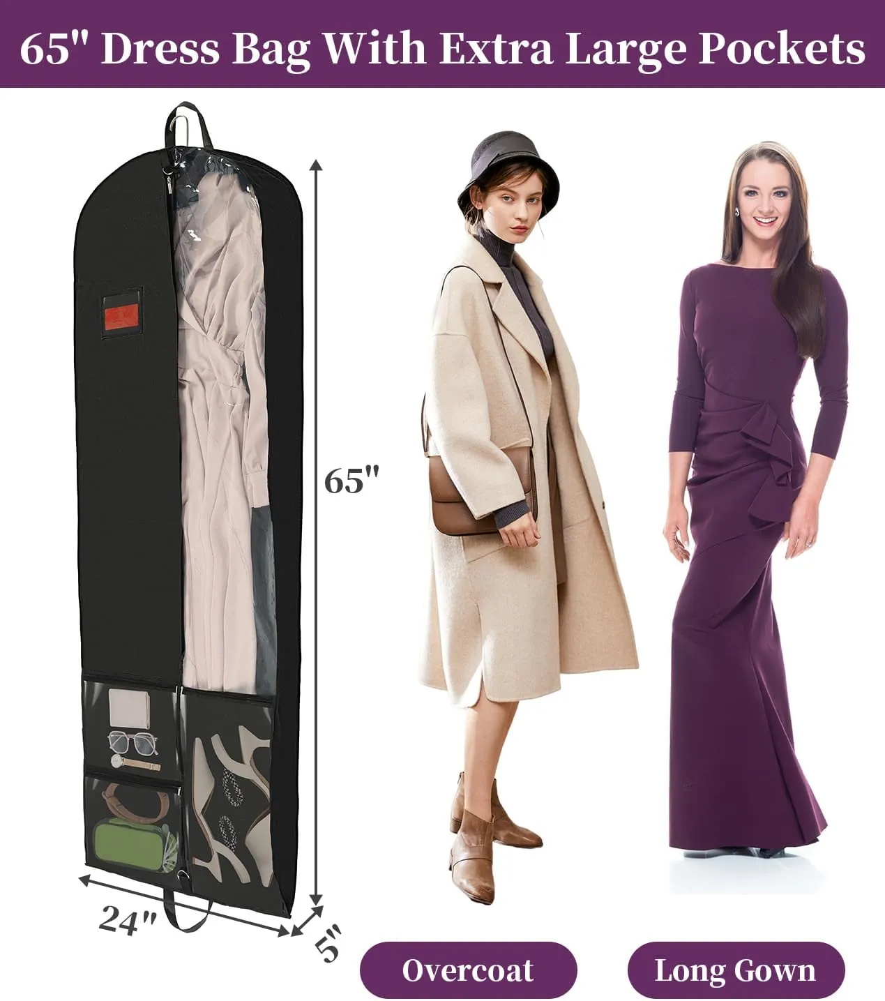 BAG WIZARD 65" Dress Garment Bags for Hanging Clothes, Foldable Hanging Dress Cover for Closet Storage and Traveling with Pockets for Gowns, Dresses, Suits, Uniforms, 2 Packs