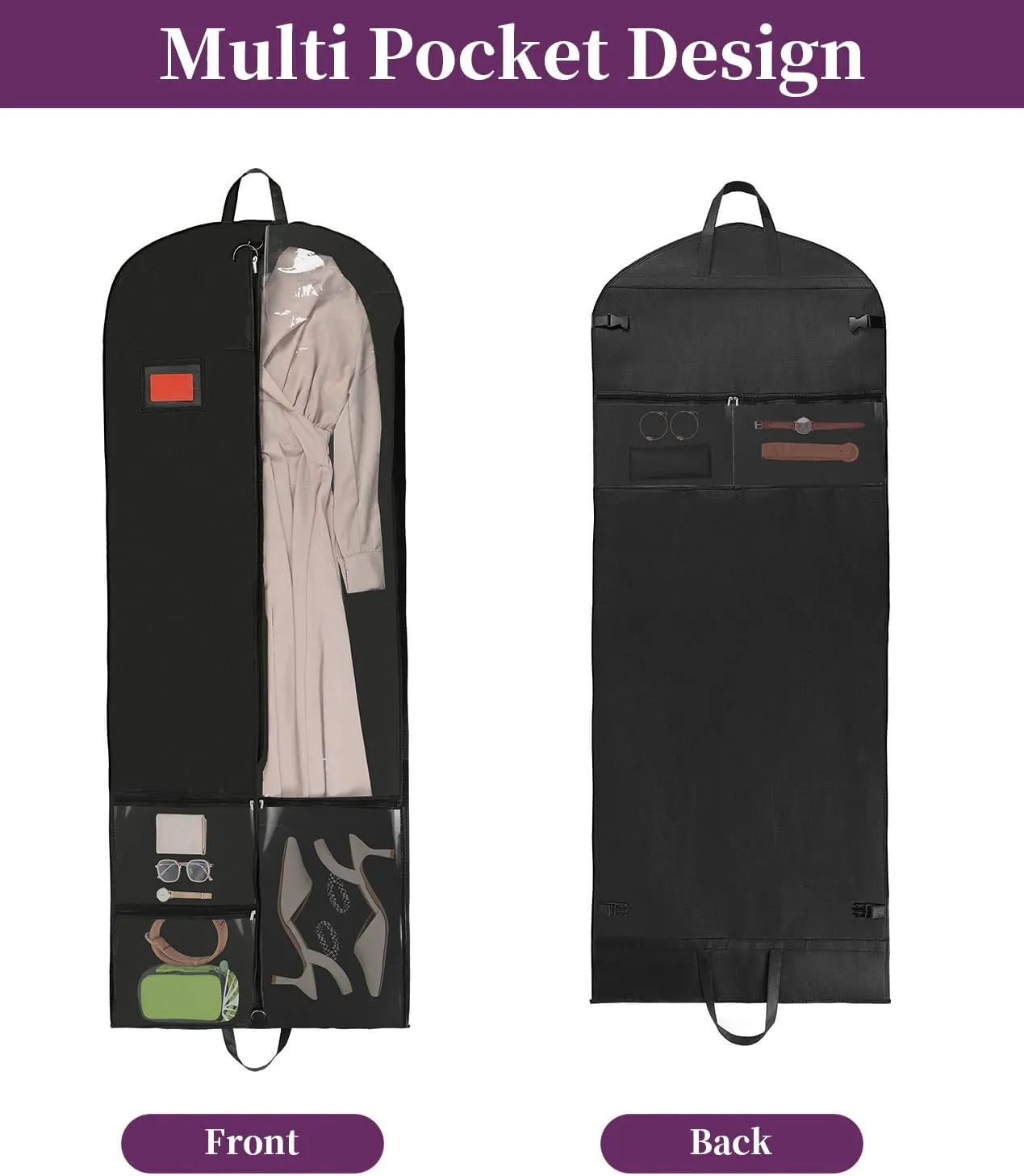 BAG WIZARD 65" Dress Garment Bags for Hanging Clothes, Foldable Hanging Dress Cover for Closet Storage and Traveling with Pockets for Gowns, Dresses, Suits, Uniforms, 2 Packs