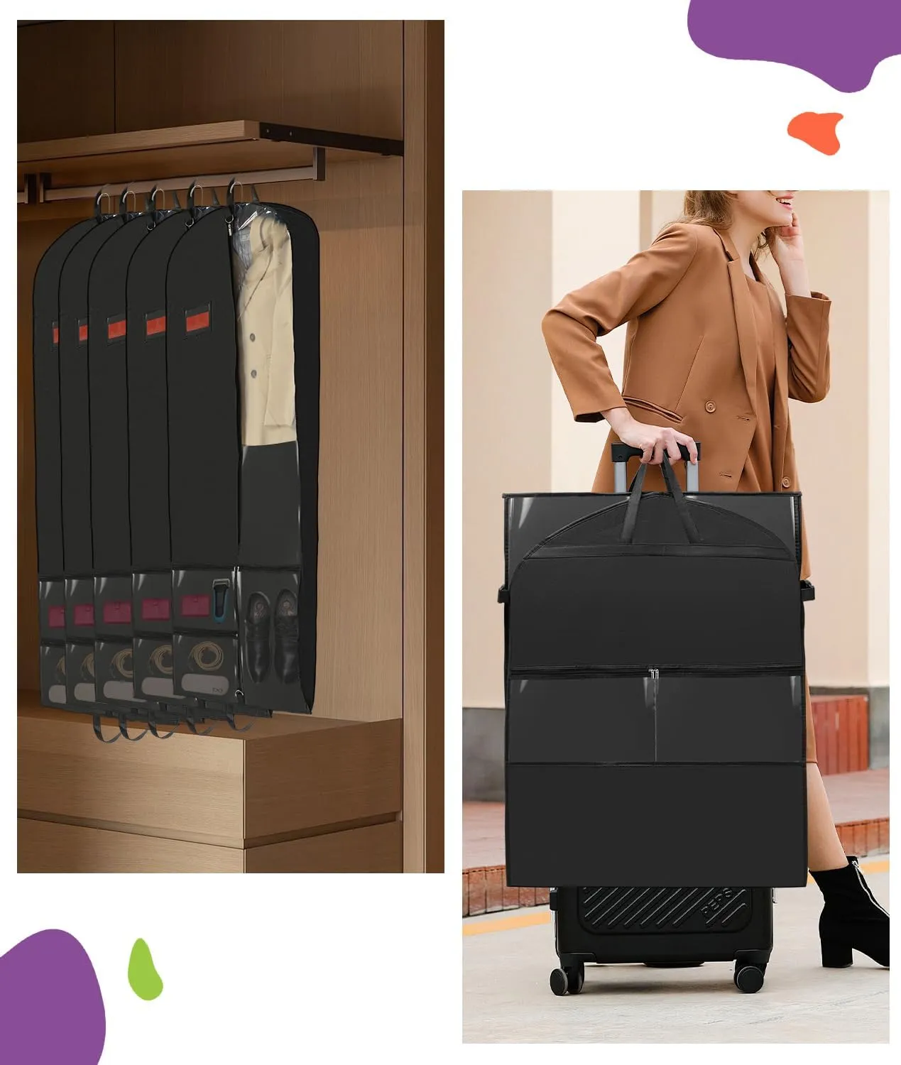 BAG WIZARD 65" Dress Garment Bags for Hanging Clothes, Foldable Hanging Dress Cover for Closet Storage and Traveling with Pockets for Gowns, Dresses, Suits, Uniforms, 2 Packs
