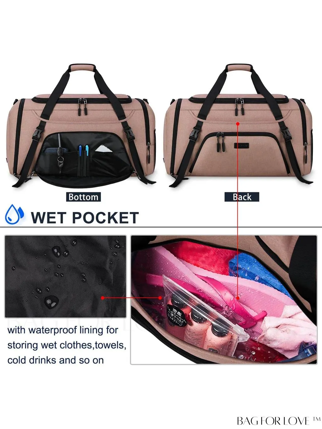 BagForLove - Waterproof Gym Duffle Bag - 40L Sports Travel Bag with Shoe Compartment and Toiletry Bag