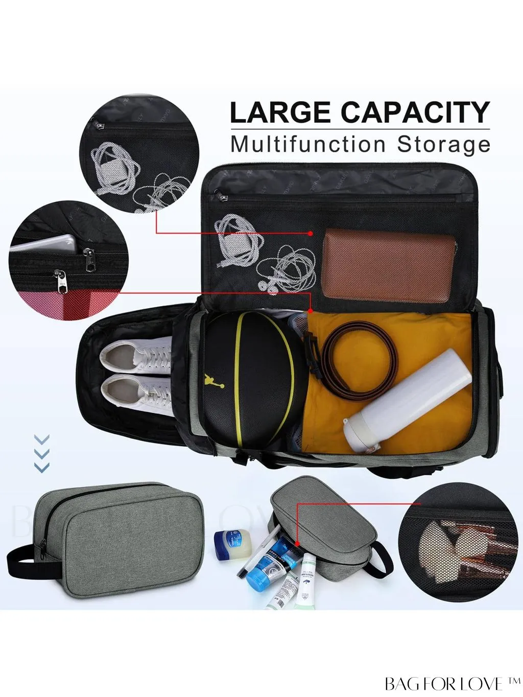BagForLove - Waterproof Gym Duffle Bag - 40L Sports Travel Bag with Shoe Compartment and Toiletry Bag
