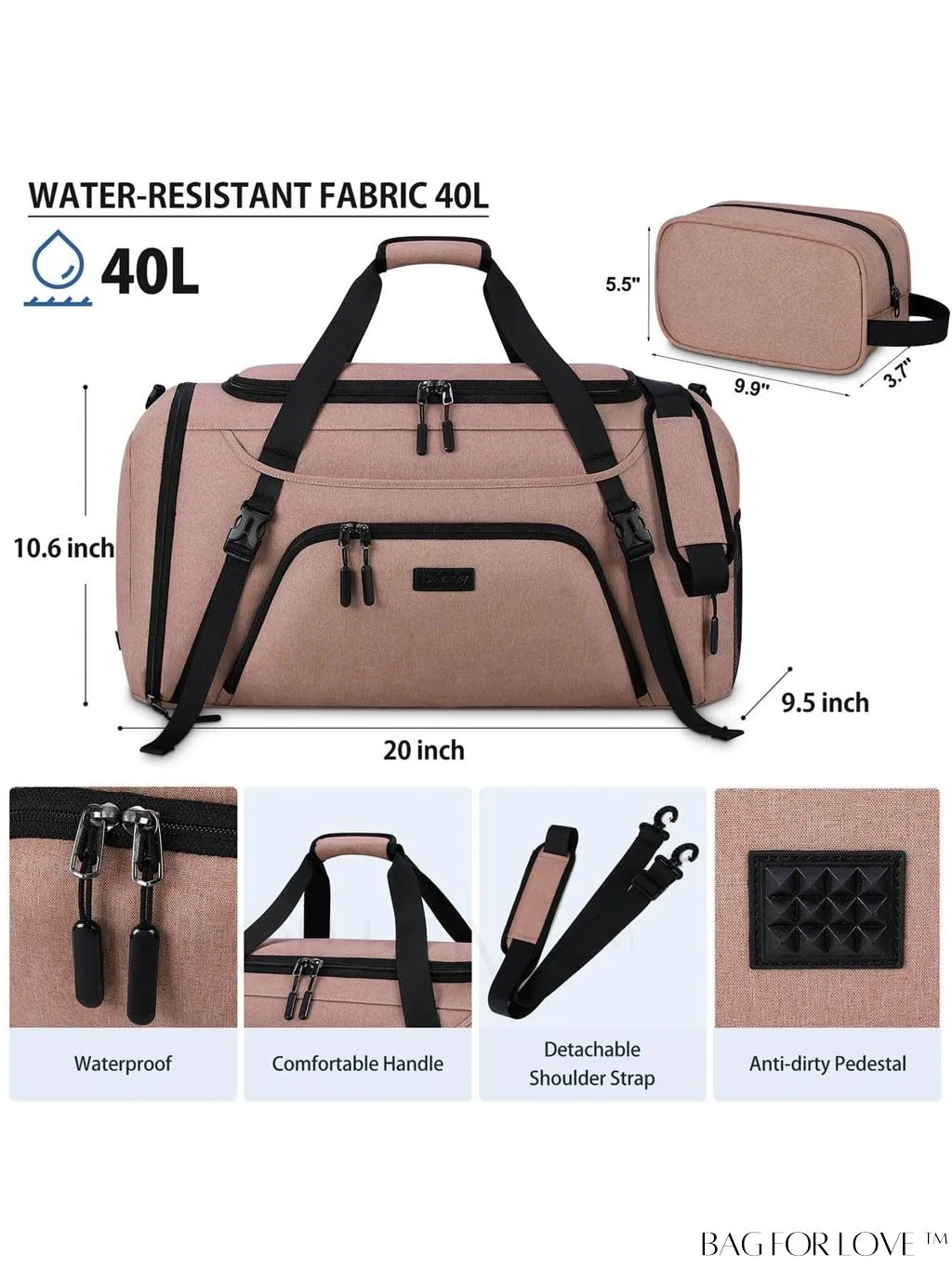 BagForLove - Waterproof Gym Duffle Bag - 40L Sports Travel Bag with Shoe Compartment and Toiletry Bag