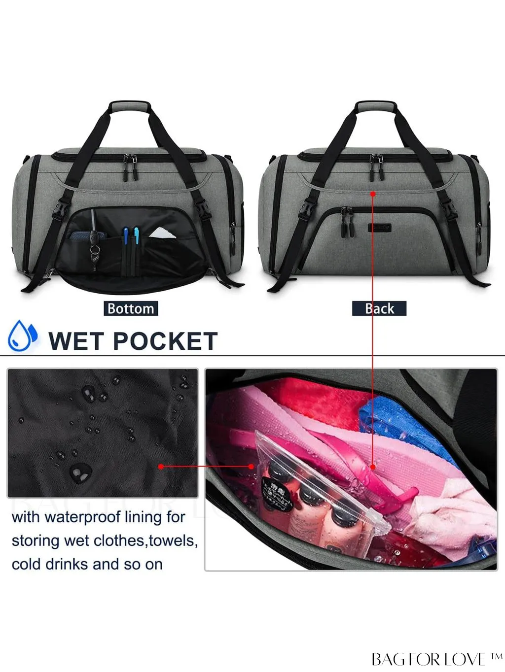 BagForLove - Waterproof Gym Duffle Bag - 40L Sports Travel Bag with Shoe Compartment and Toiletry Bag